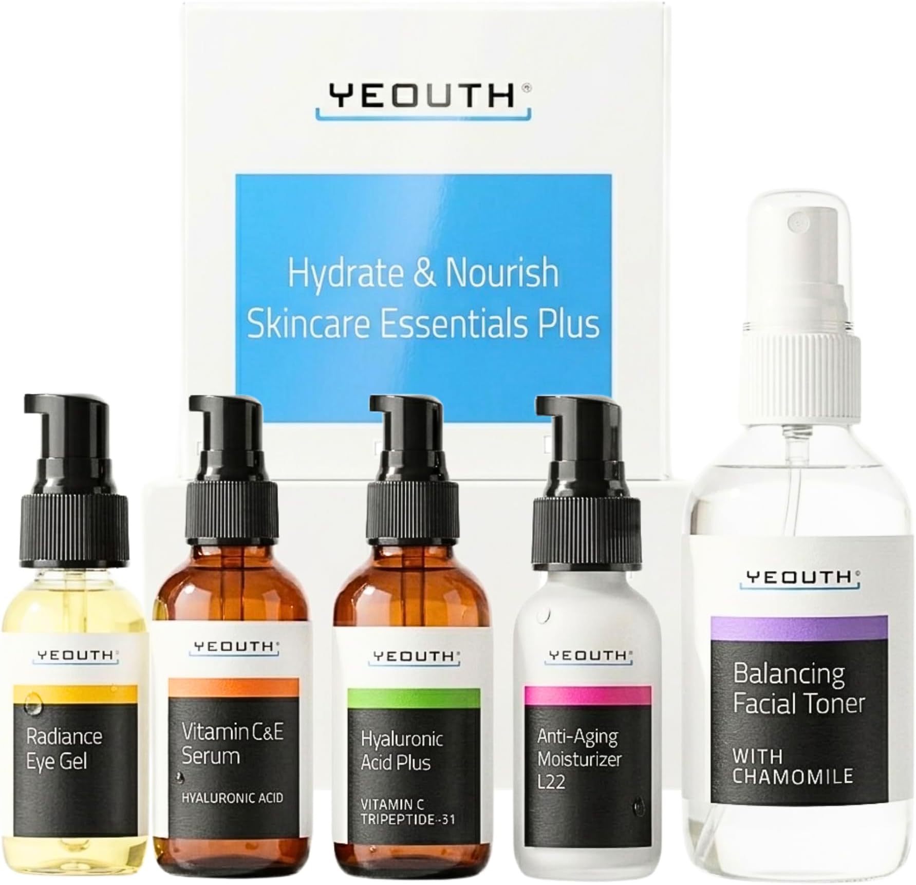 YEOUTH Facial Skin Care Set for Complete Daily Skincare Routine 5-Piece | Facial Skin Care Routine Kit With Hyaluronic Acid Serum, Vitamin C Serum, Facial Toner, Under Eye Gel, and Face Cream