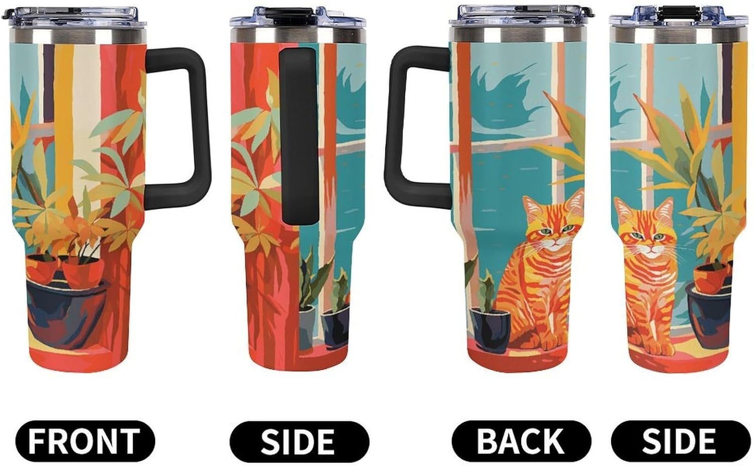 Cat Illustration Travel Coffee Mug Reusable Durable Stainless Steel Insulated Tumbler with Handle And Straw Leak Resistant Portable Thermal Cup Gifts for Men Women 40 Oz