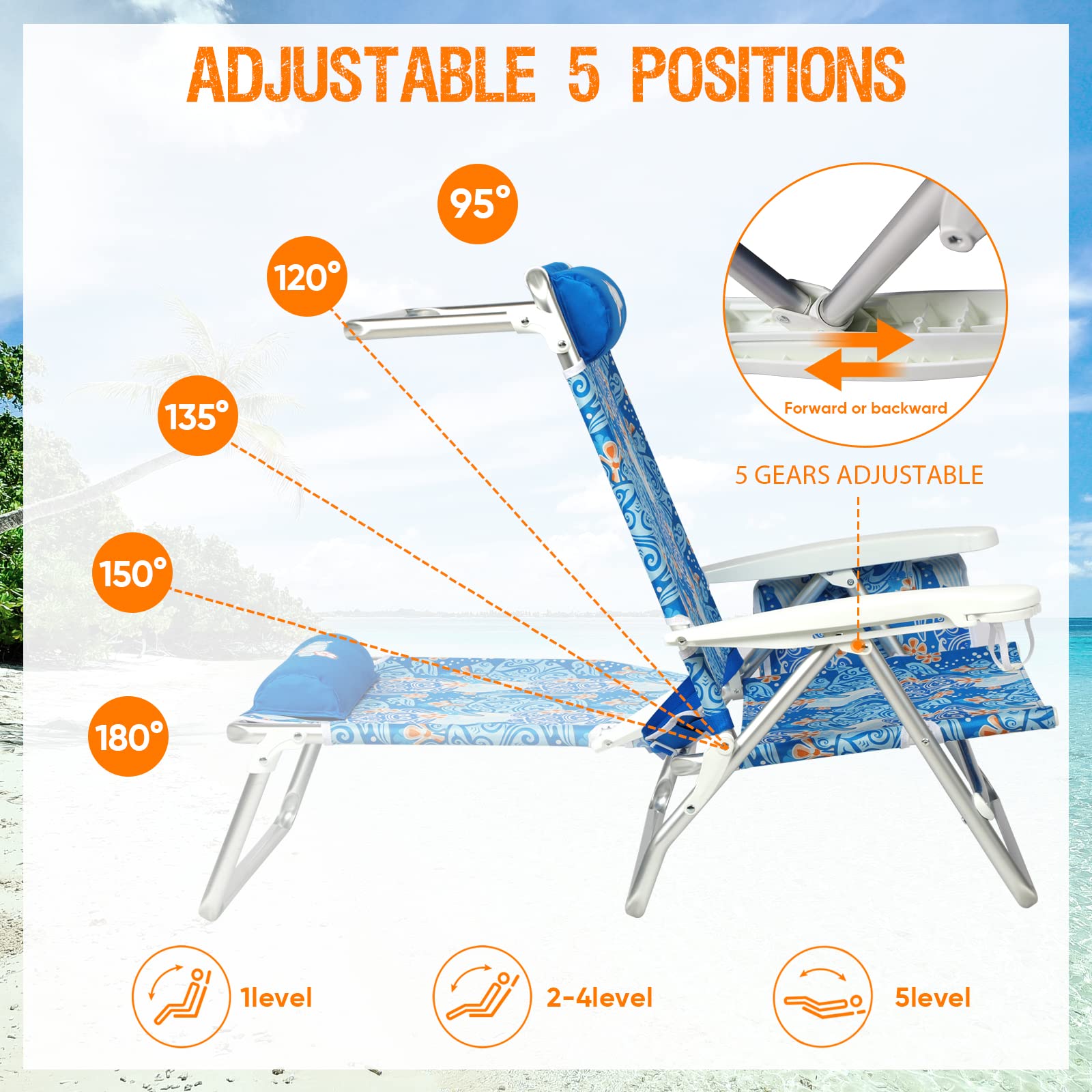 Old Bahama Bay 5-Position Folding Beach Chairs with Large Cooler Bag and Towel Bar, All Aluminum Portable Lightweight Reclining Chair Outdoor for Sand,Sunbathing, Camping, Lawn (Blue)