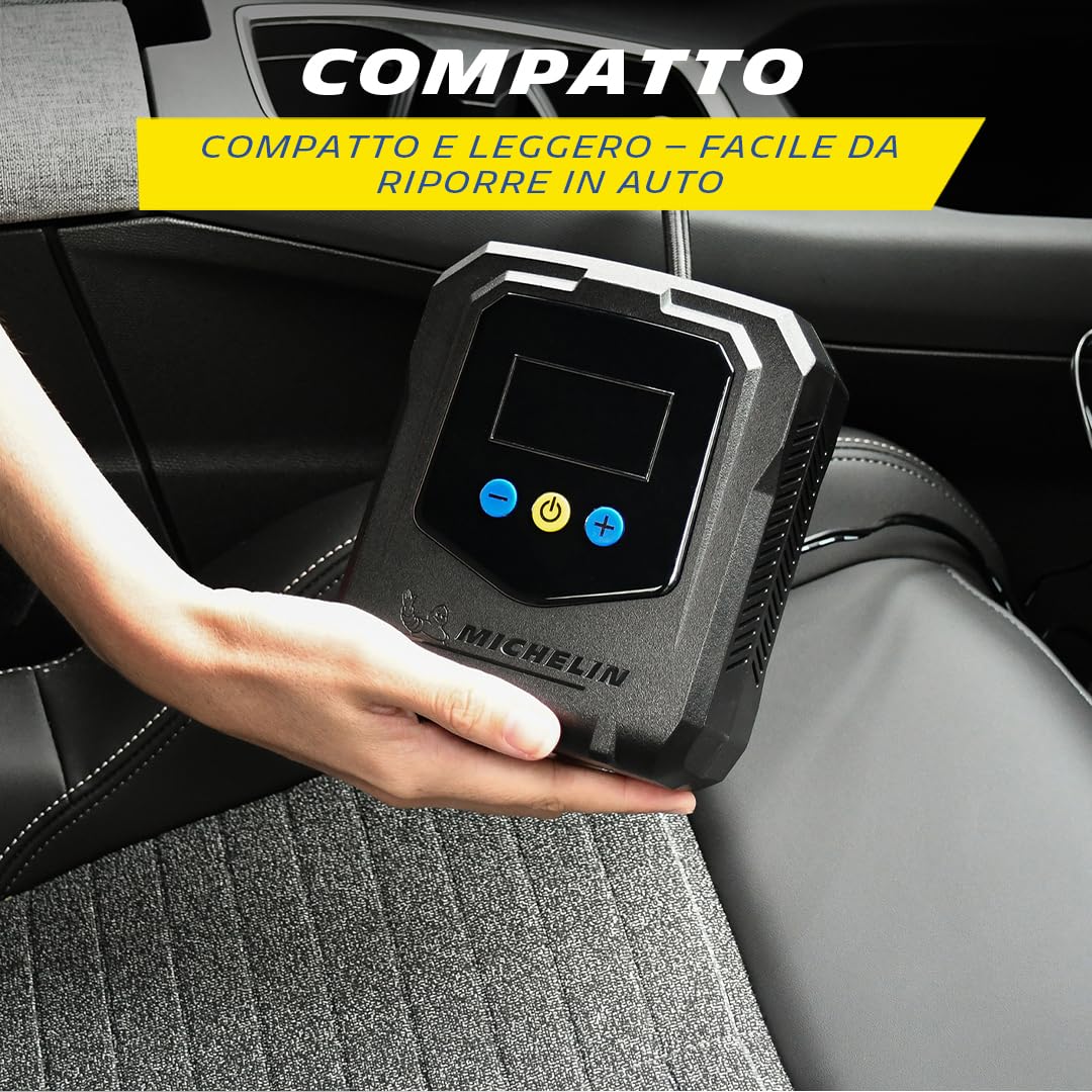 MICHELIN 009541 Mini Compressore d’Aria 12V – Portata 20L al minuto – Gonfiatore per Pneumatici Auto – Pressione Programmabile 8 BAR 138W – Attacco a Connessione Rapida – 3 Adattatori