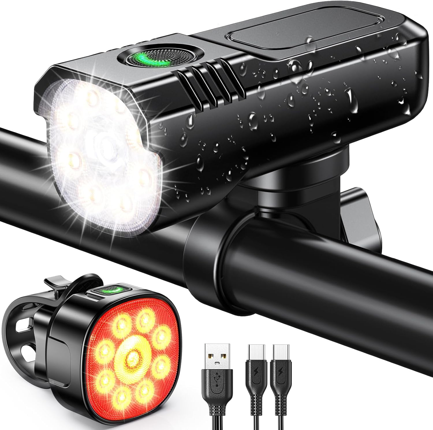 Zewdov Luci luminose per bici da 1000 lumen per guida notturna, 8+7 modalità Luce per bicicletta robusta in lega di alluminio, IP65 impermeabile e ricaricabile per kit di luci per Powersports