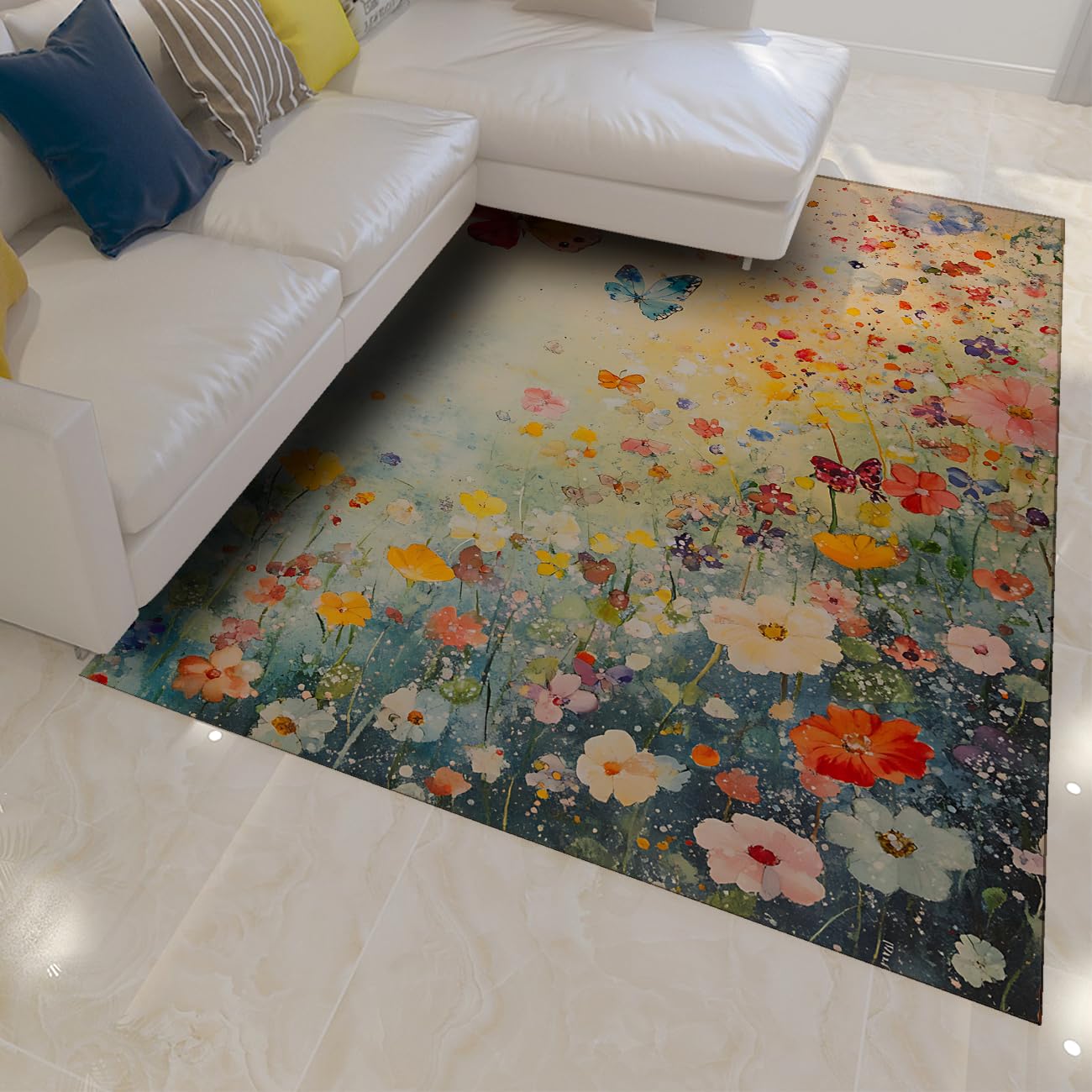 Tapis bohème fleur et papillon 60x90 cm à poil bas pour salle à manger