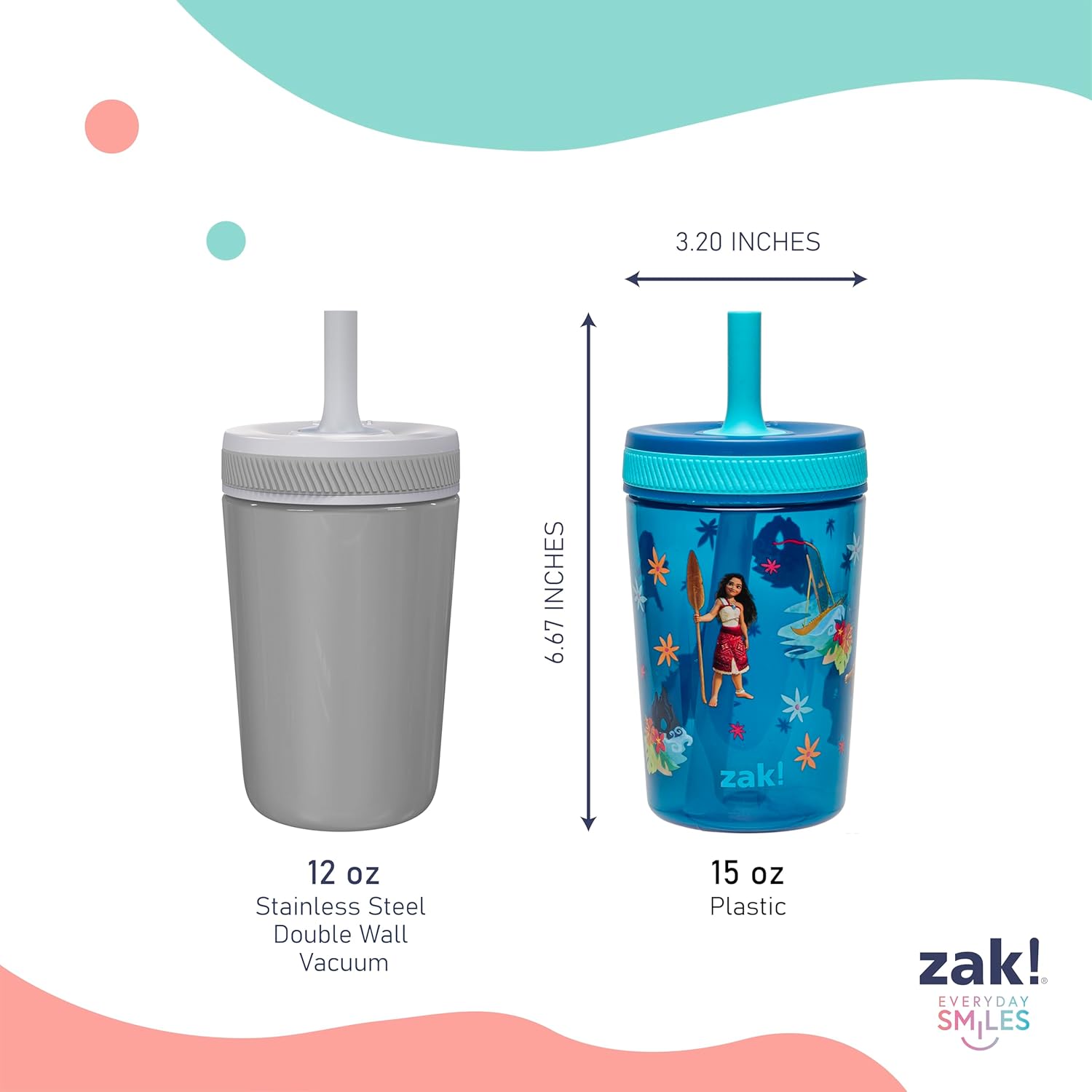 Zak Designs Disney Moana 2 Kelso Toddler Cups For Travel or At Home, 15oz 2-Pack Durable Plastic Sippy Cups With Leak-Proof Design is Perfect For Kids (Moana, Maui, Simea) - Image 8