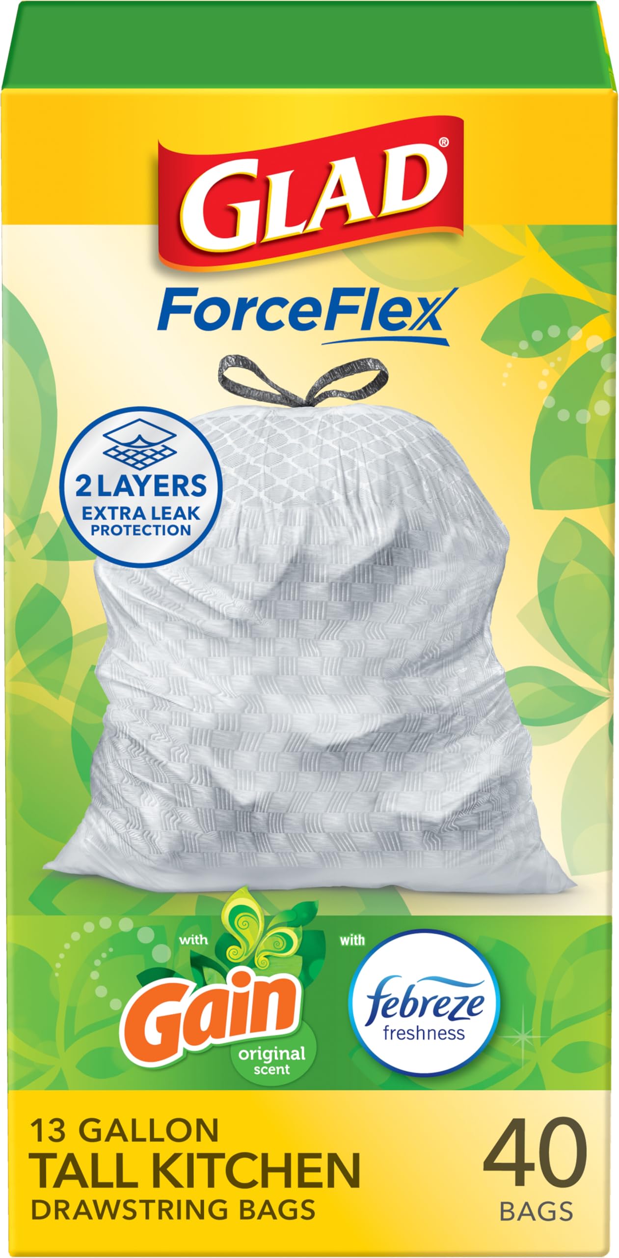 Glad ForceFlex Tall Kitchen Trash Bags, 13 Gallon, Gain Original, 40 Count (Package May Vary)