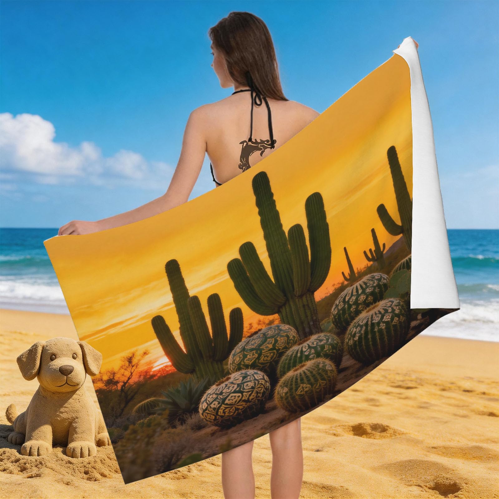 Leichong 3D Cactus Beach Towel Microfiber Soft Quick Dry for Adults, Desert Landscape Bath Towel Lightweight Soft Absorbent for Travel Swimming Pool Sports, 75 x 150 cm