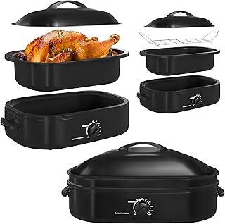 16 Quart Electric Turkey Roaster Oven, Eight Temperature Settings, Self-Basting Stainless Steel Lid, Dishwasher Safe Removable Pan & Rack, Black