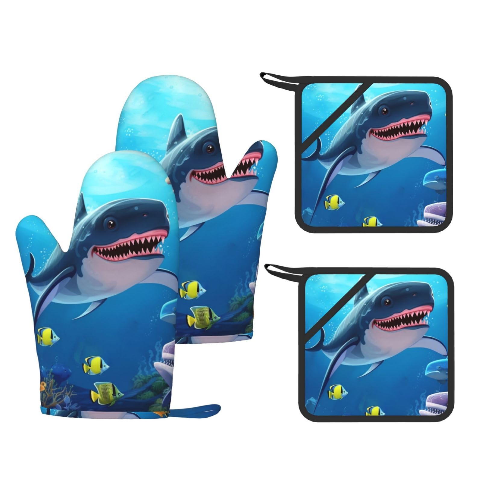 4 Pcs Kitchen Oven Mitts Ocean Animals Shark Oven Mitts and Pot Holders Non-slip Silicone Kitchen Gloves for Cooking Baking Grilling Kitchen Essentials
