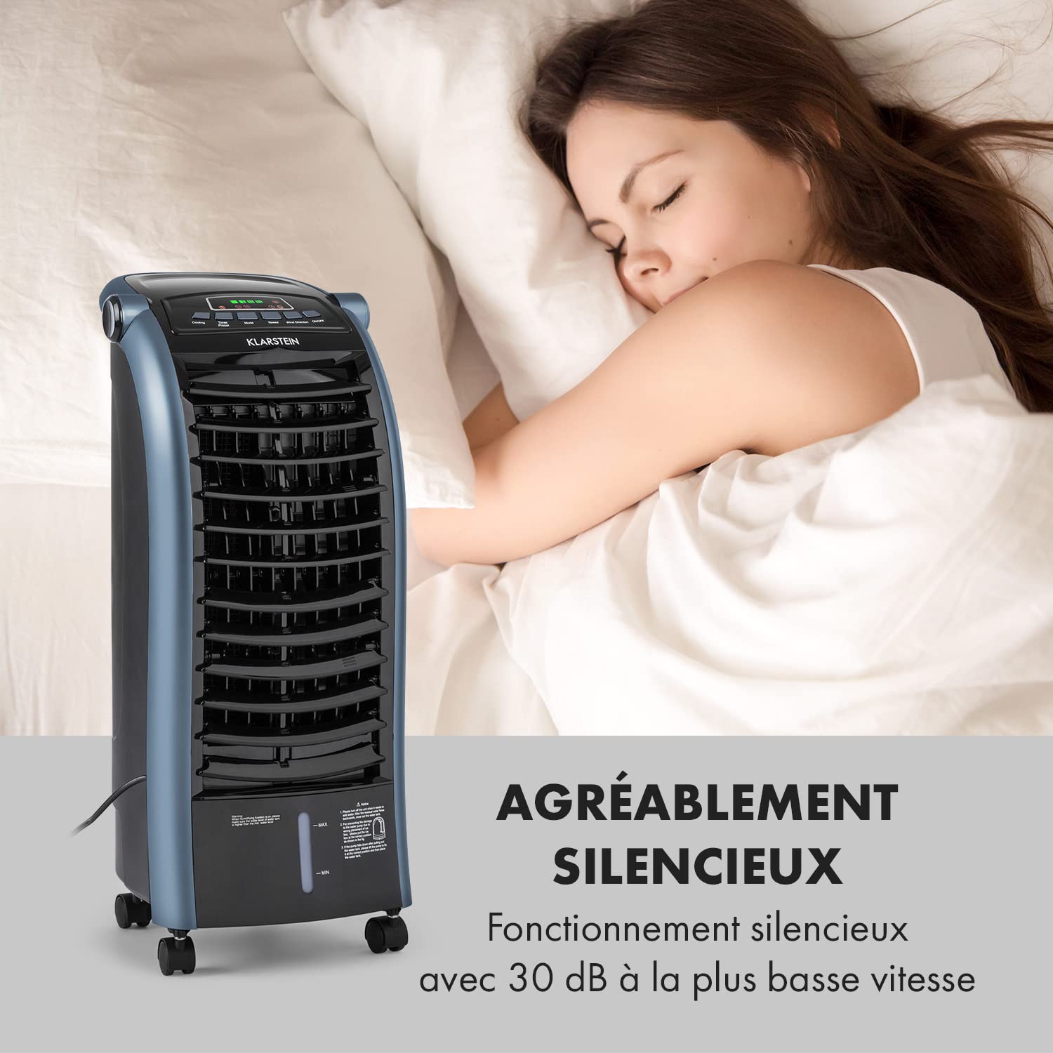 Klarstein Rafraichisseur d'Air 4 en 1, Climatiseur Portable, Humidificateur, Ventilateur, Ioniseur, Climatiseur Mobile Sans Évacuation, Pack Glacons, Réservoir 6L, 65W, Puissant Débit d'Air 444m³/h