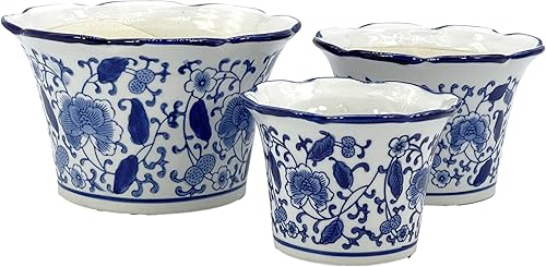 Miniatura 1 de Galt International Maceta decorativa de cerámica de porcelana floral azul y blanca de 8 pulgadas, 6 pulgadas4.5 pulgadas, diseño chino asiático,