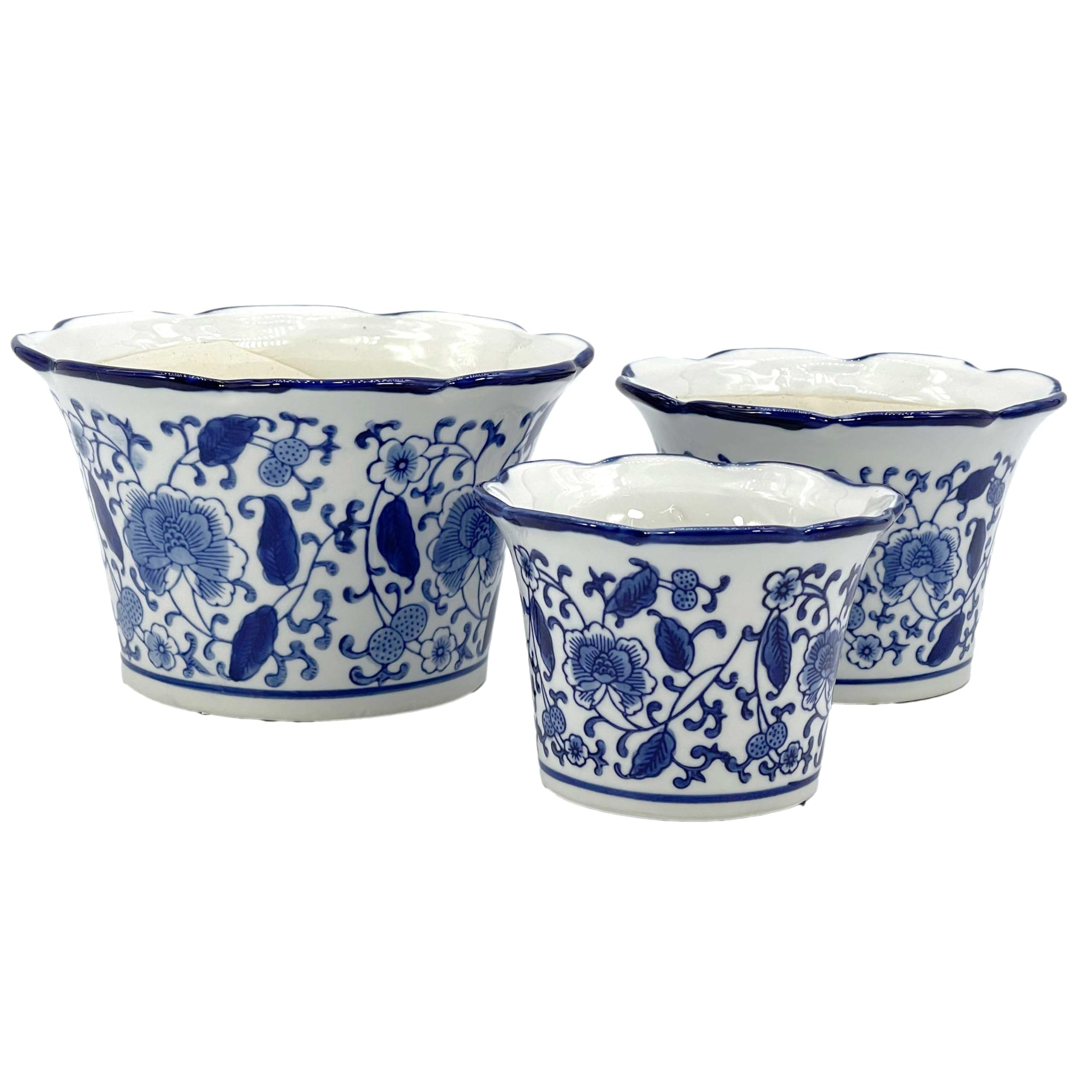 Galt International Blue & White Floral Porcelain Ceramic Decorative Flower Pot 8"/6"/4.5" Garden Pots Chinese Asian Design - Set of 3 Cylinder Fluted Edge
