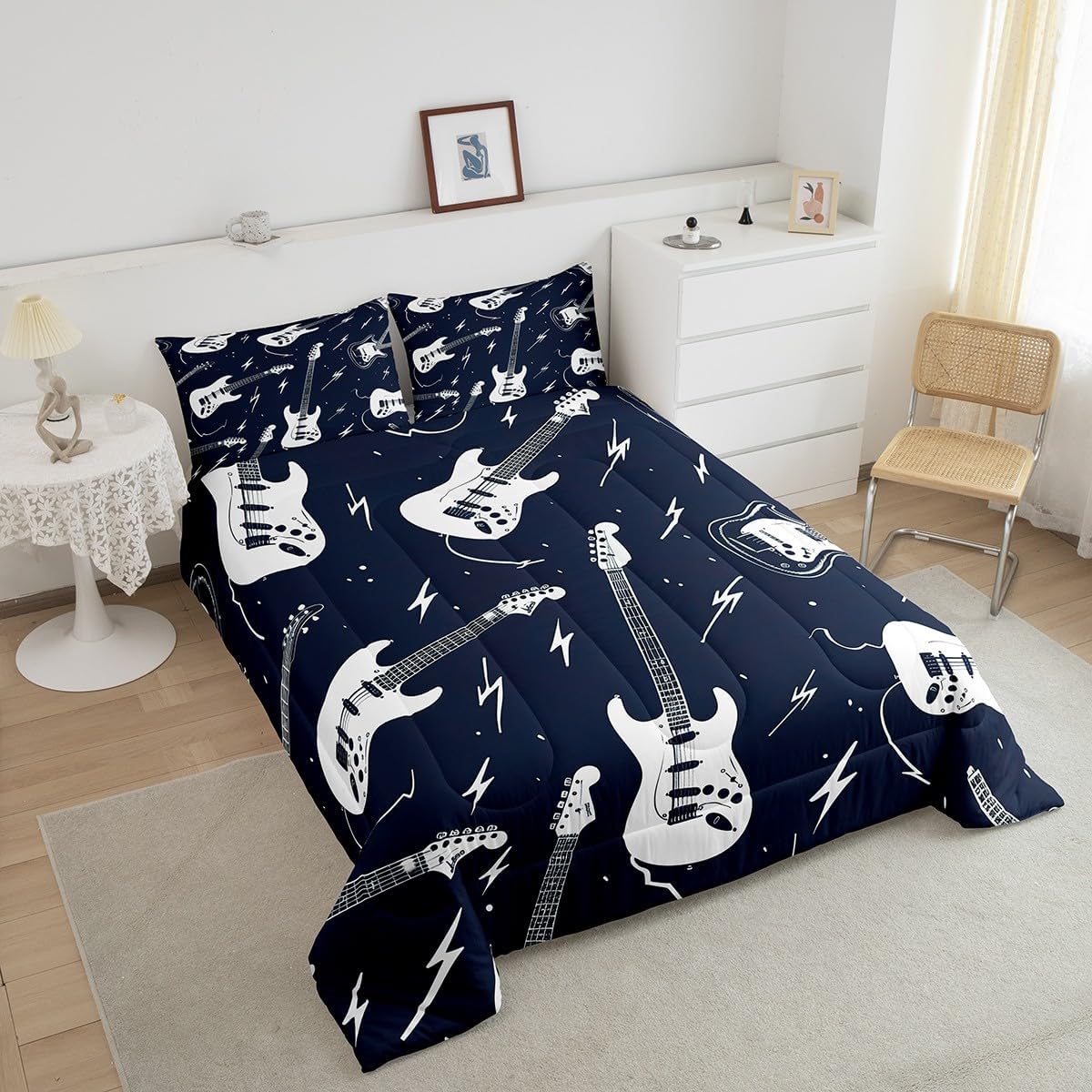 Feelyou Kids Guitar Comforter Set Twin Rock Music Themed Comforter Women Men Easy-Wash Musical Guitar Instruments Bedding Set with 1 Pillow Case - 2 Piece Twin Boys