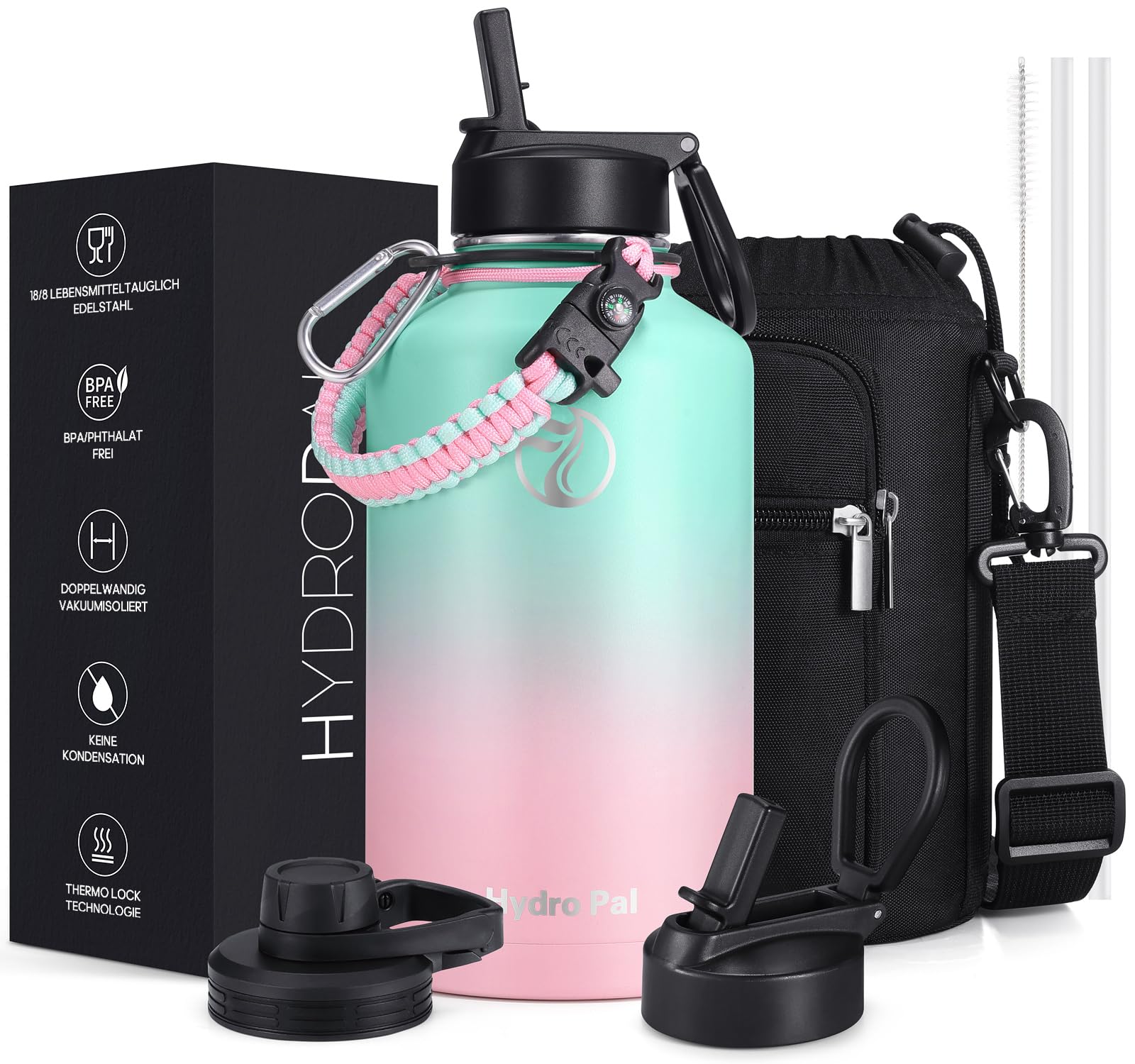 HydroPal Edelstahl Trinkflasche - 750ml/ 1L/1.2L/1.9L, BPA-Frei, Kohlensäure geeignet, Isolierte flasche mit Strohhalm & 2 Deckel