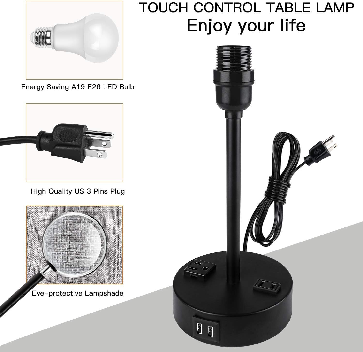 Hottest Sale Touch Control USB Table Lamp Set of 2, PARTPHONER 3 Way Dimmable Bedside Nightstand Lamps with 2 USB Charging Ports 2 AC Outlets, Gray Fabric Shade Nightlight for Bedroom Living Room with 2 LED Bulbs