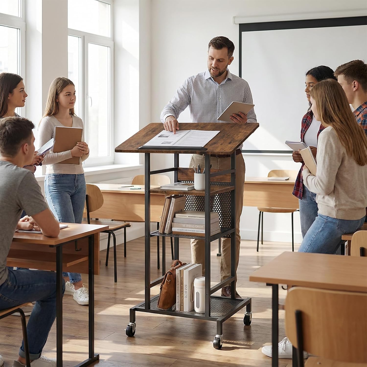 Podium Stand with Locking Wheels, 4-Tier Mobile Lectern with Storage Shelves and Non-Slip Lip, for Classroom, Church, Conference Standing Desk, Rustic Brown and Black LPHR6001