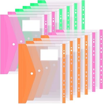 Colorlife Binder Pocket 12 Pack Plastic Envelopes Binder Folders 11 Holes Expandable Binder Folders for 2/3/4 Ring Document Pouch with Snap Button & Label Loose-Leaf for School Office Home 3 Colors