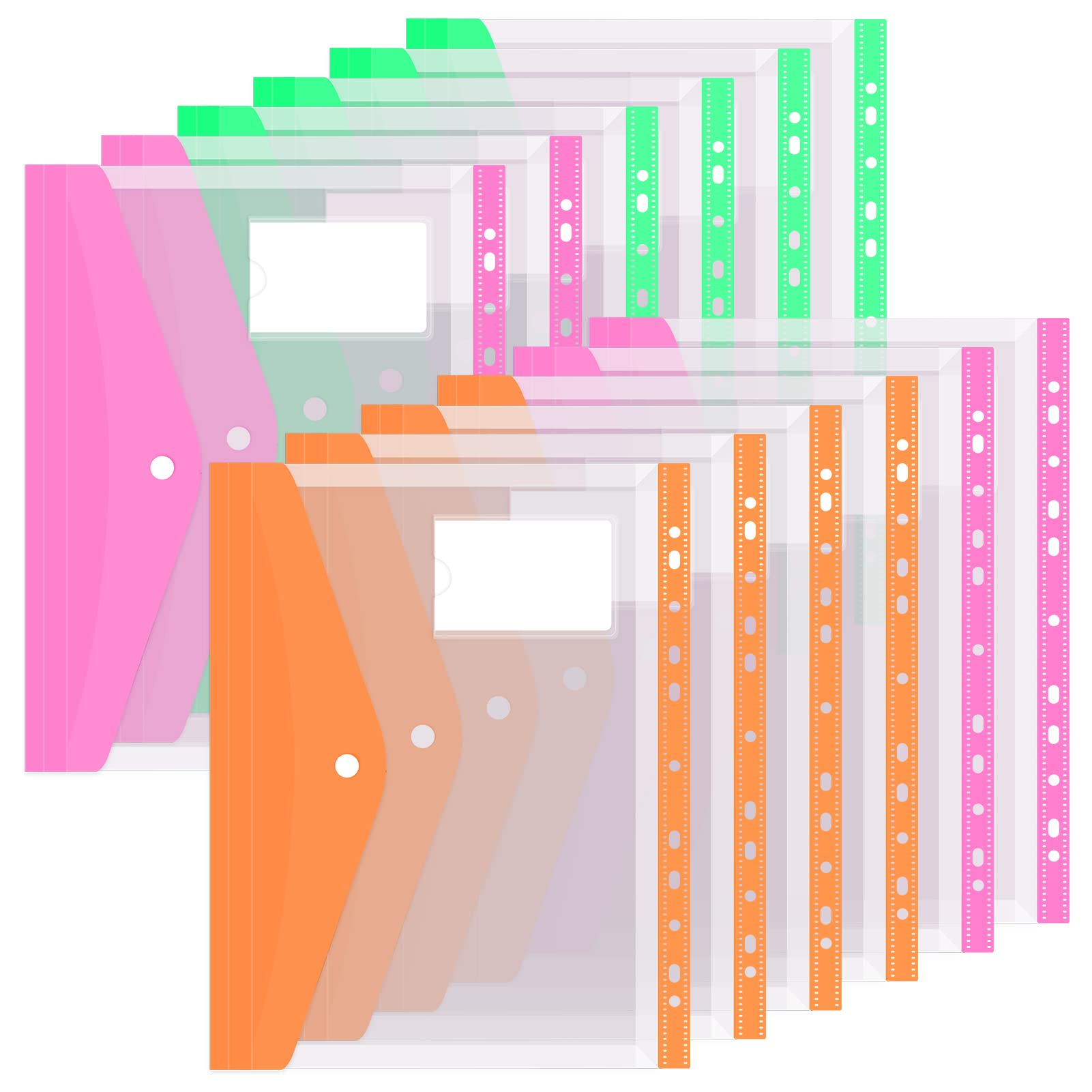Colorlife Binder Pocket 12 Pack Plastic Envelopes Binder Folders 11 Holes Expandable Binder Folders for 2/3/4 Ring Document Pouch with Snap Button &