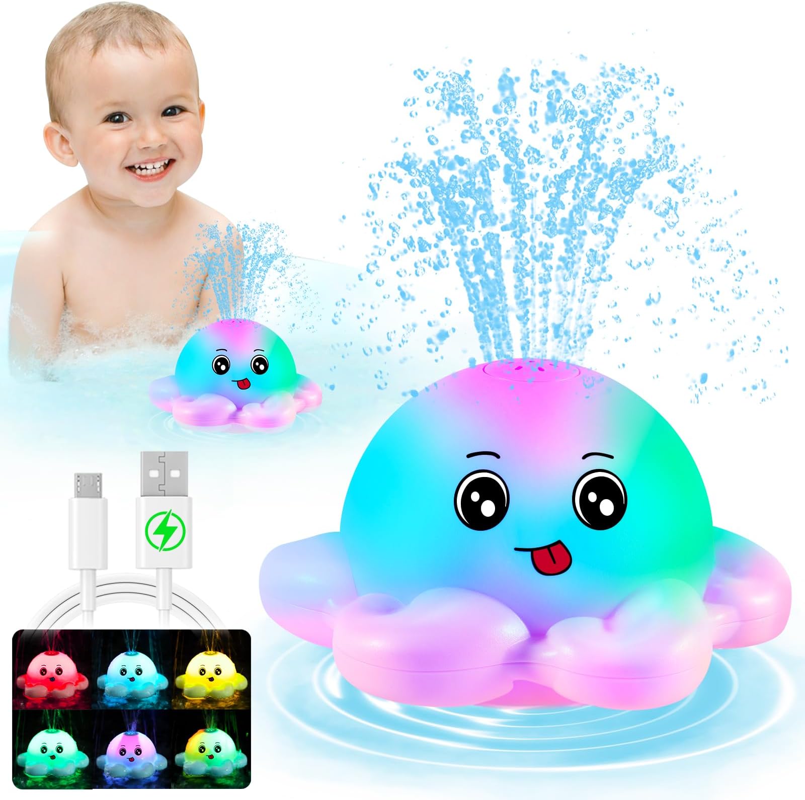 Gigilli Octopus Bath Toys, Rechargeable Light Up Baby Sprinkler Bathtub Toys for Toddlers Infant Kids Boys Girls Automatic Spray Water Pool Bathroom Baby Toys Gifts,Pink