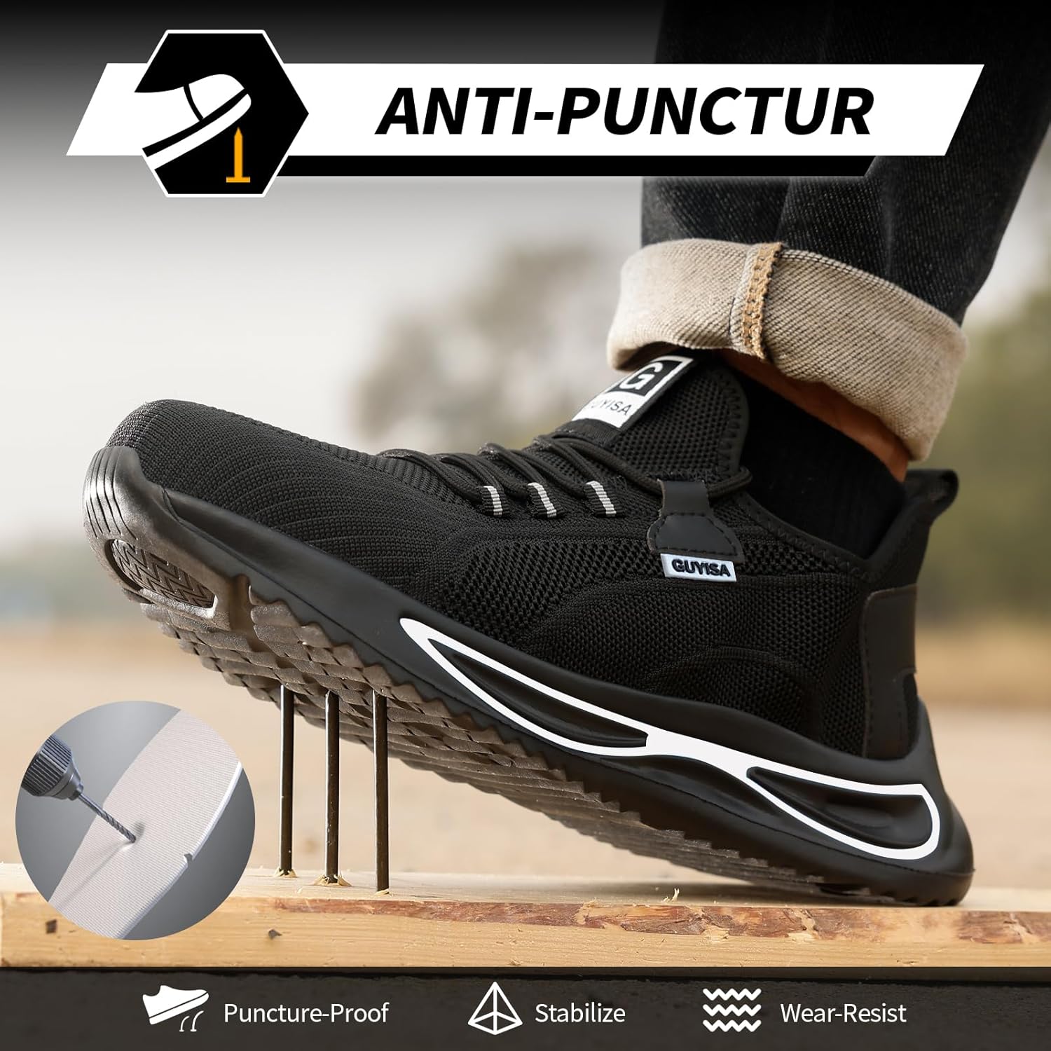 GLANOUDUN Steel Toe Shoes for Men Lightweight Work Shoes for Men Black Steel Toe Sneakers Comfortable Safety Tennis Sneakers Indestructible Men's Safety Footwear Industrial Construction - Image 4