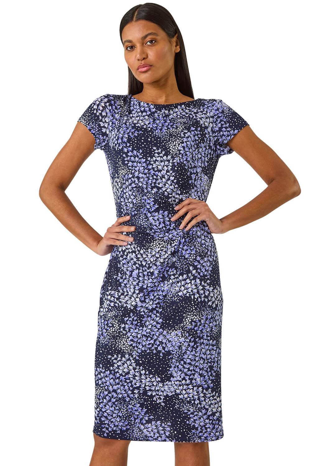 Roman Women's Lilac Floral Stretch Gathered Shift Dress In | : Size 20
