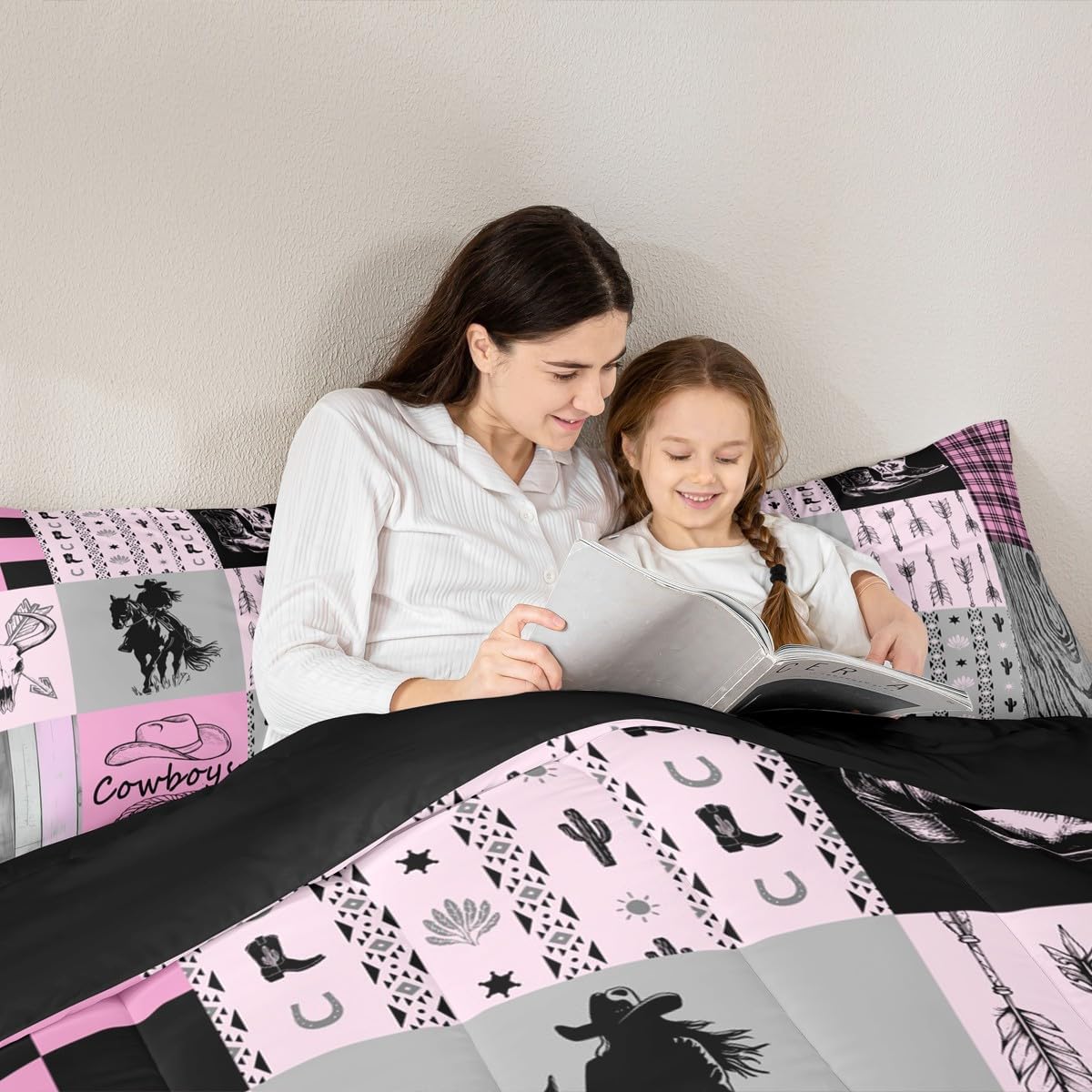 Erosebridal Girls Western Comforter Set Queen Pink Grey Cowgirl Kids Bedding Set Teen Women Wild West Bull Horse Quilt Set Country Farmhouse Buffalo Plaid Bed Comforter Set 2 Pillow Cases Room Decor