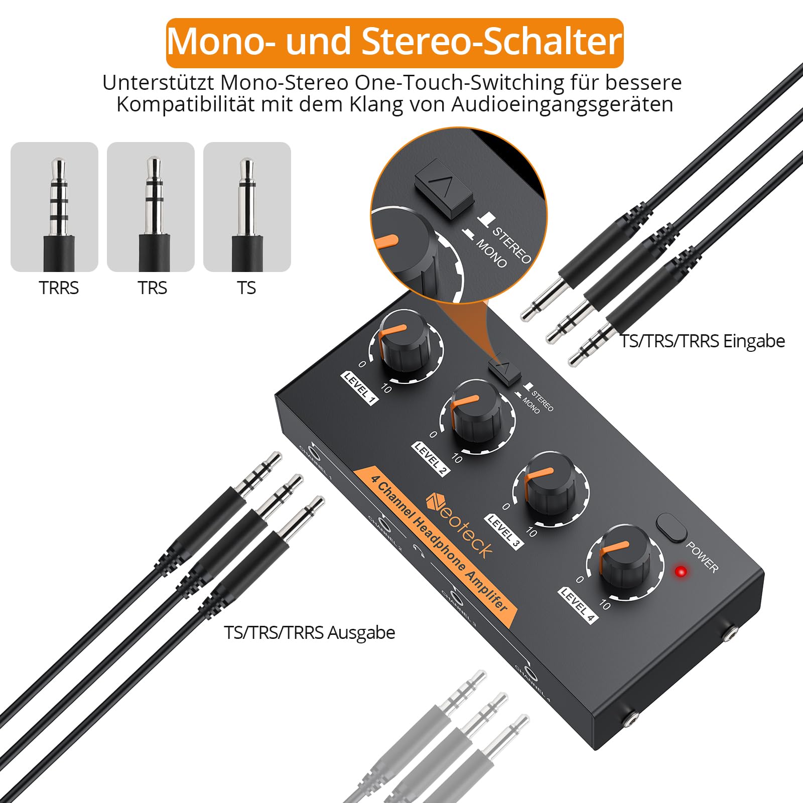 Neoteck 4 Kanal Kopfhörerverstärker Metall-Stereo-Audio-Verstärker mit Lautstärkeregler 3,5 mm Audiokabel 4-Kanal Mono/Stereo-Audioverstärker für Aufnahme/Mischung/Musikpraxis