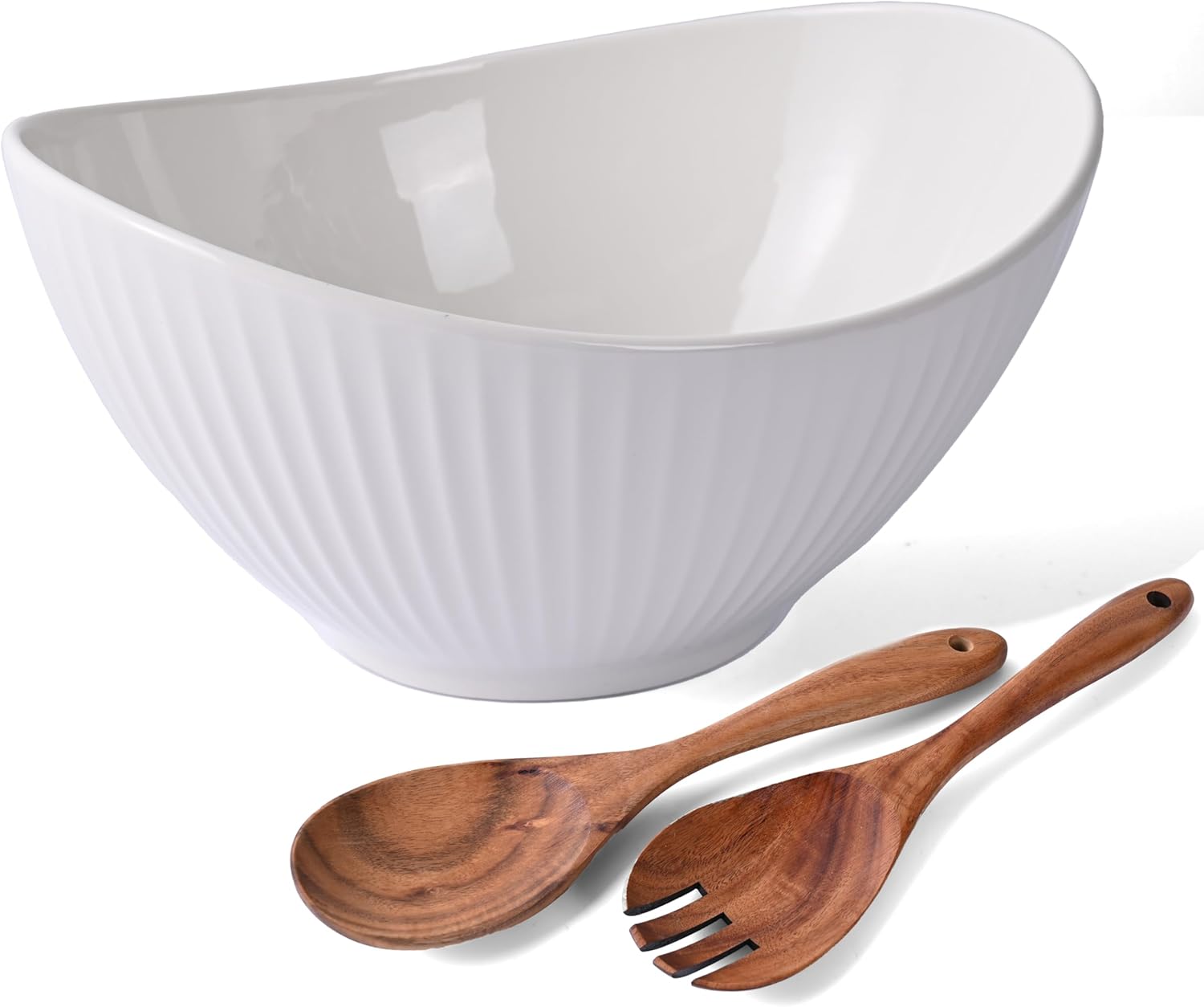 Ceramic Oval Salad Bowl with Acacia Wood Utensils, 60 oz Large Salad Serving Bowl for Soup, Pasta, Fruit, Snacks, 10" Mixing Bowls for Entertaining, Party, Kitchen, Dinner, Housewarming Gift