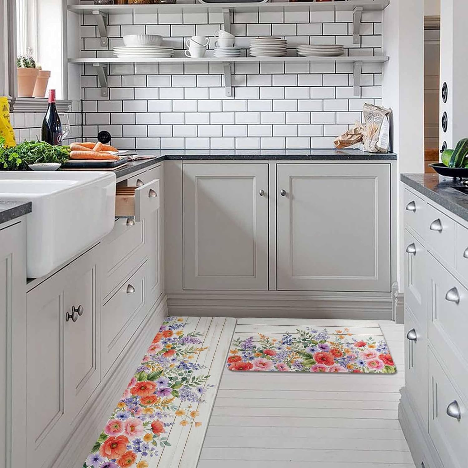 Pink Flowers Kitchen Rugs and Mats Set of 2, Non-Slip Kitchen Sink Mat, Spring Floral Elegant Pastoral Wooden Washable Doormat Bathroom Rugs Runner for Bedroom/Living Room 17.7"x30"+17.7"x59"