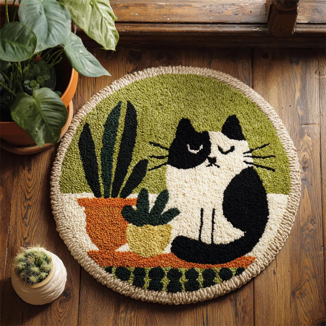Kitquiver Animal Tapestry Kits for Adults Black Cat and Potted Plant DIY Rug Making Craft Kits with Yarn & Canvas and Crochet Needle Embroidery Decoration 50x50cm