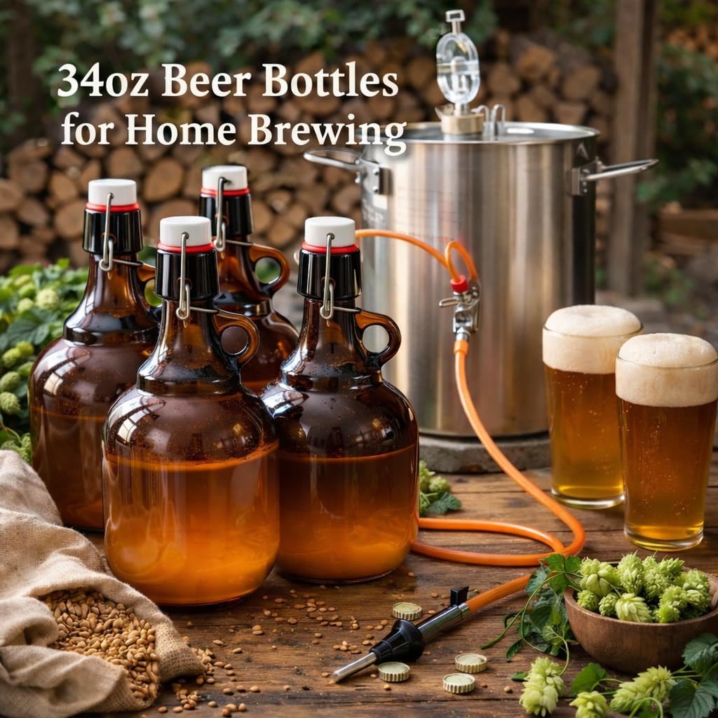4 Pcs 34oz Beer Bottles for Home Brewing, Amber Glass Gallon Jugs with Airtight Swing Top, Flip Top Storage Bottles Set with Pourers, Funnels, Labels, Glass Containers for Home Brewing