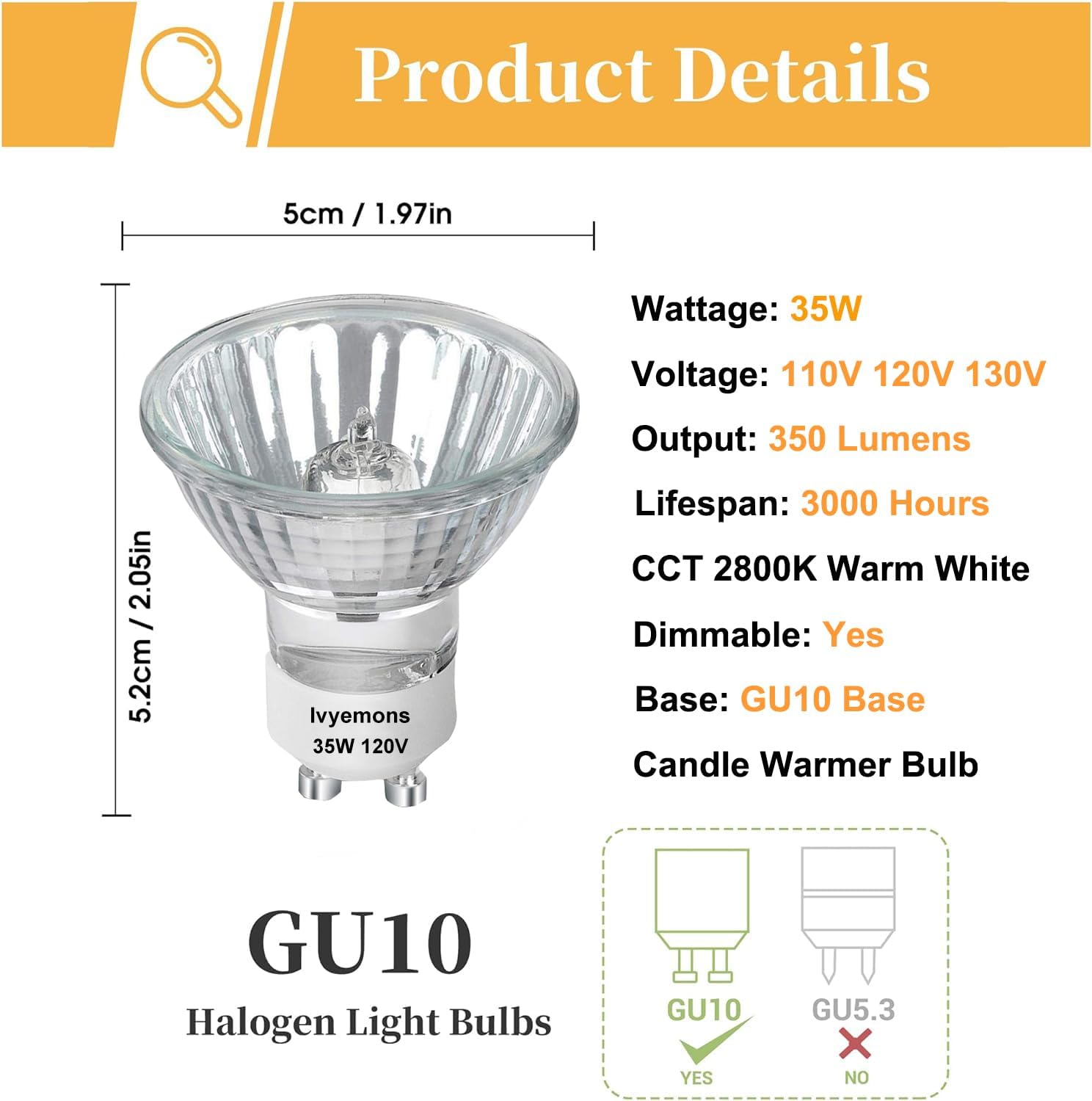 GU10+C 120V 35W Bulb - High Output 350LM GU10 Dimmable Bulb, MR16 GU 10 Bulbs Warm White 2800k with GU 10 Base, Long Lasting 35 Watt MR16 Halogen Bulbs for Candle Warmer, Track Lighting