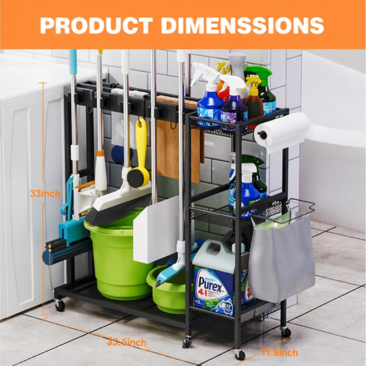 Rolling Cleaning Cart with Wheels, Mop and Broom Holder Organizer, Heavy Duty Utility Cleaning Supply Rack with Storage Shelves & Hooks for Garage, Laundry Room, Kitchen