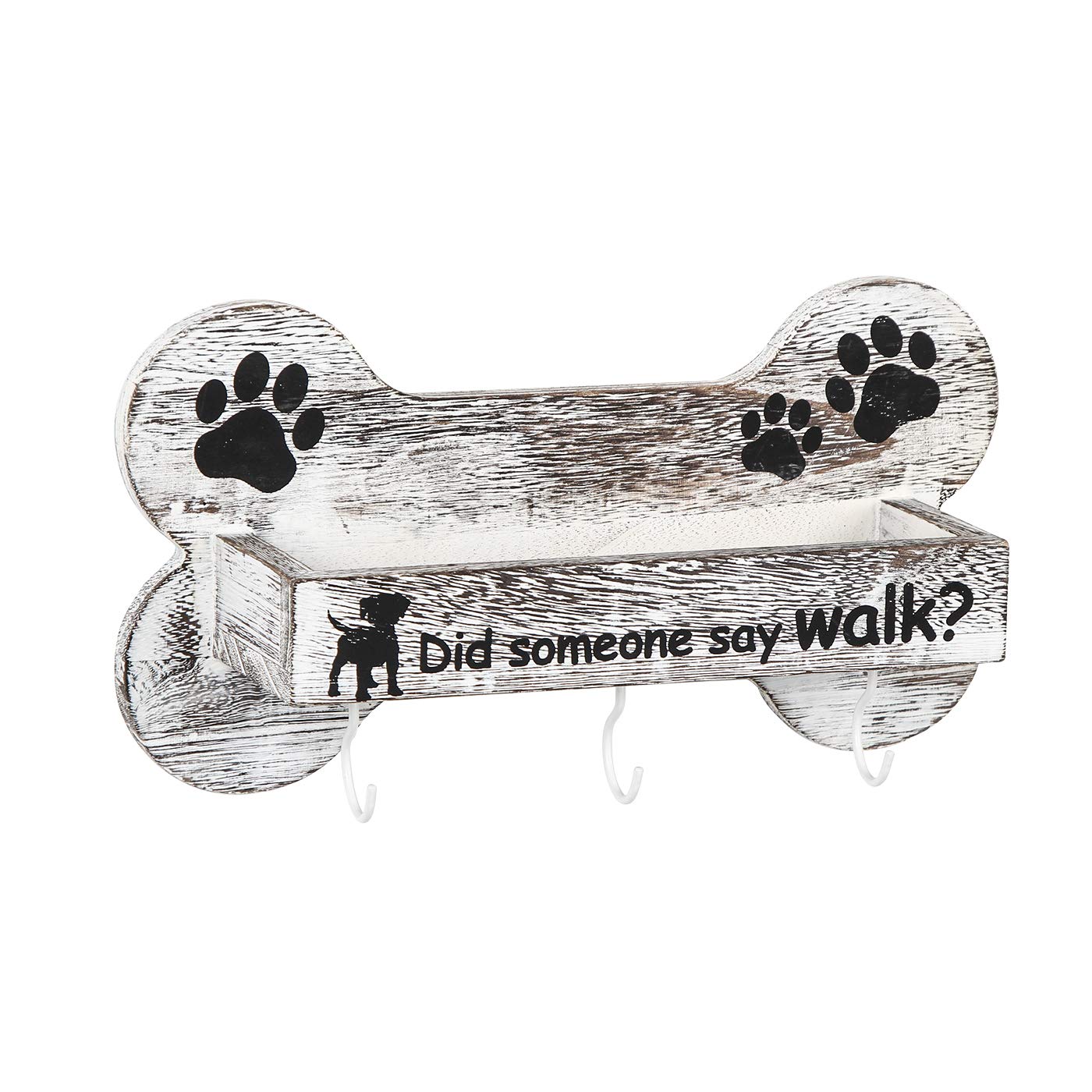 J JACKCUBE DESIGN Rustic White Bone Shape Wall Mounted Dog Leash Holder with 3 Key Holder Hooks and Extra Storage Compartment Box Shelf for Pet Treats, Accessories and more - MK679A