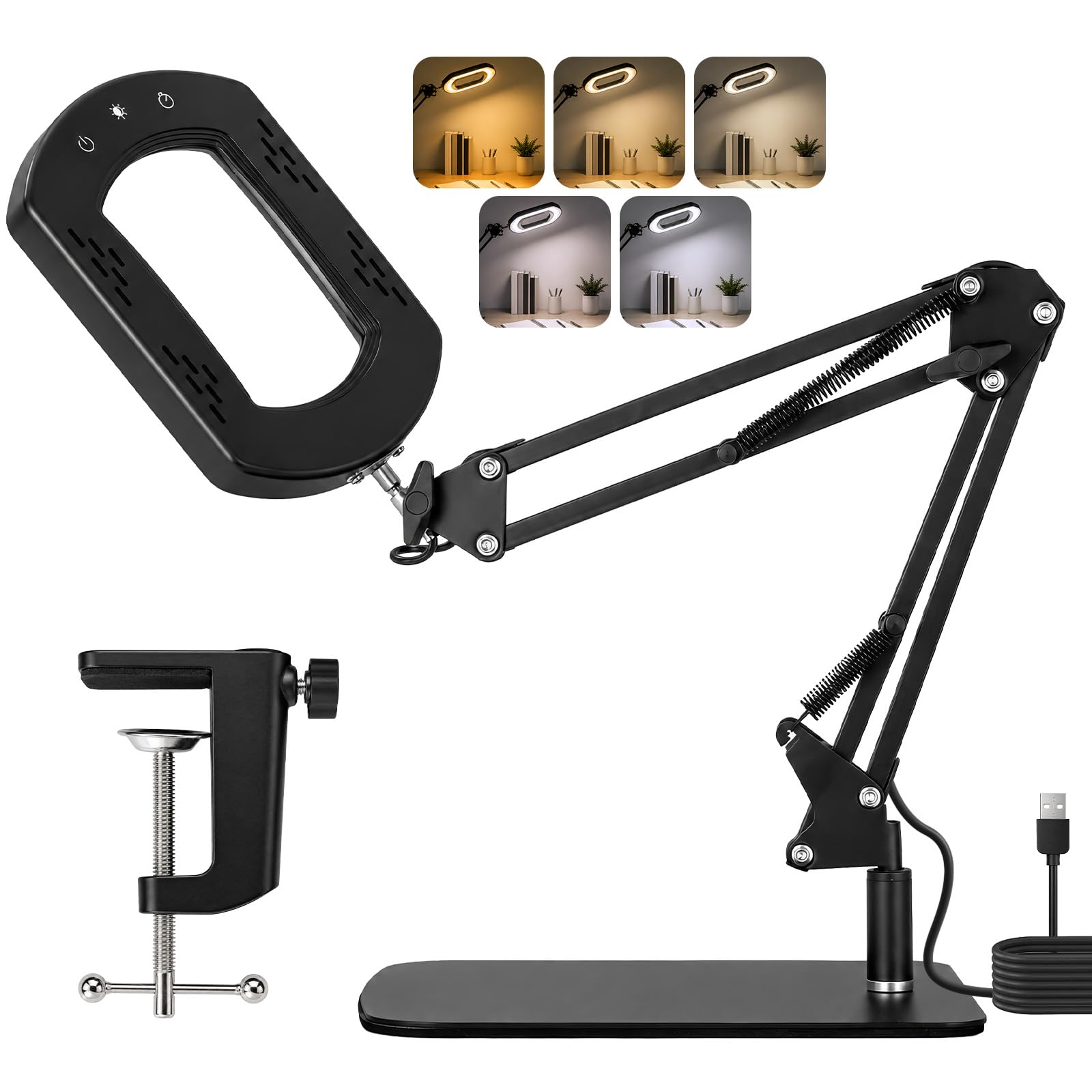 GoDyna 15X Magnifying Lamp with Light and Stand, Real Glass Lens Magnifying Glass with 60 LED Lights, 5 Colour Modes Dimmable Desk Lamp, Adjustable Arm with Clamp Base for Reading Crafts Sewing