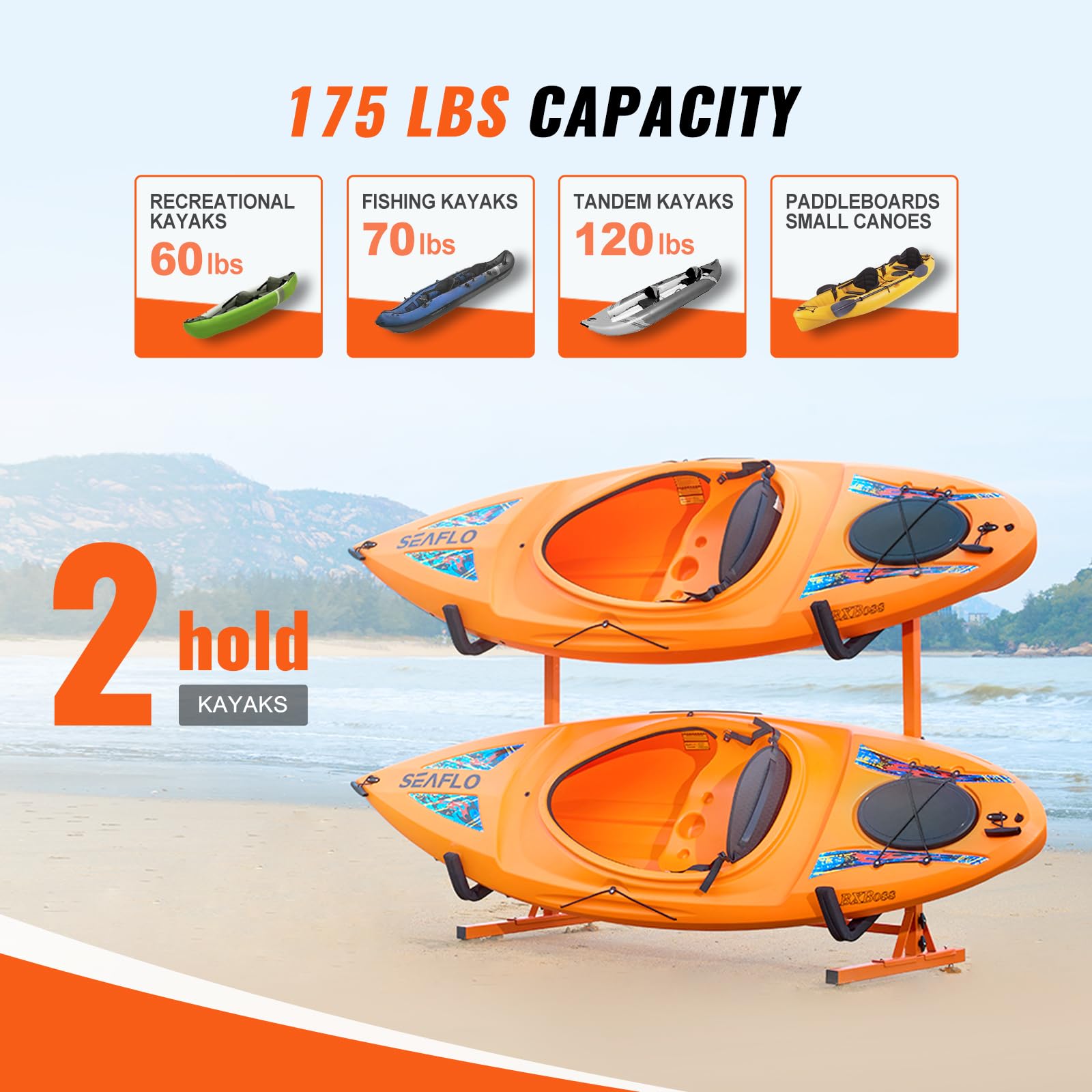 VEVOR Portaoggetti per Kayak Autoportante, Supporto per Gancio per Kayak in Acciaio Resistente con Bracci Imbottiti e Larghezza Regolabile, Carico Massimo 175LBS, per Garage Interno ed Esterno