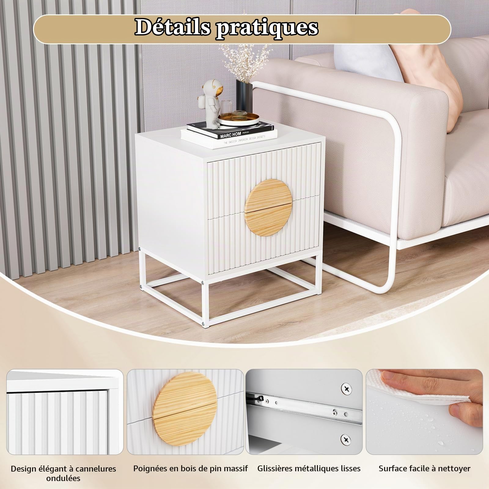 KOMFOTTEU Tables Chevet, 2 Tiroirs, Tables d'Appoint, Blanc