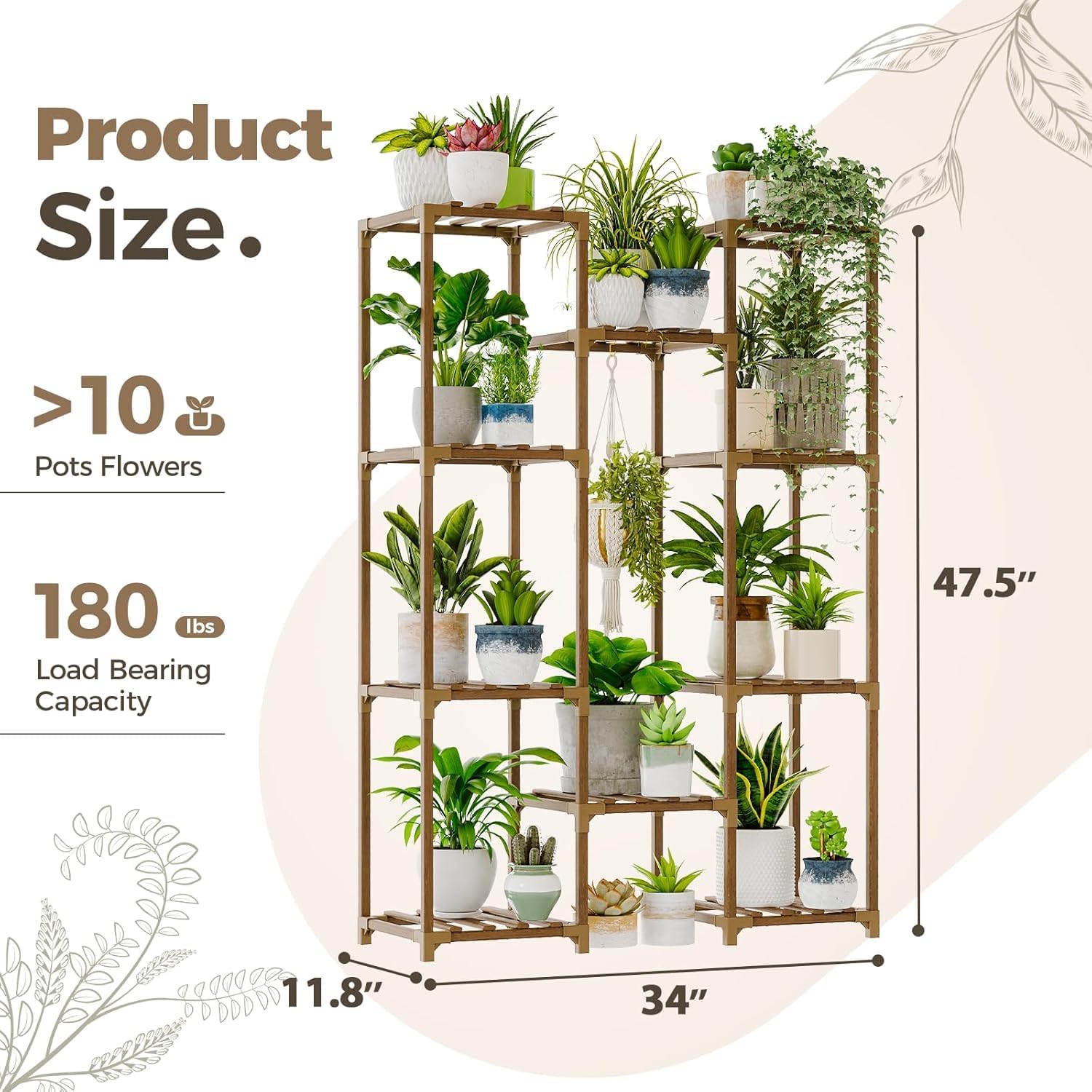 Plant Stand, Indoor Outdoor Wooden Flower Shelf, Multi-Tier Plant Holder for Living Room, Patio, Balcony, Garden