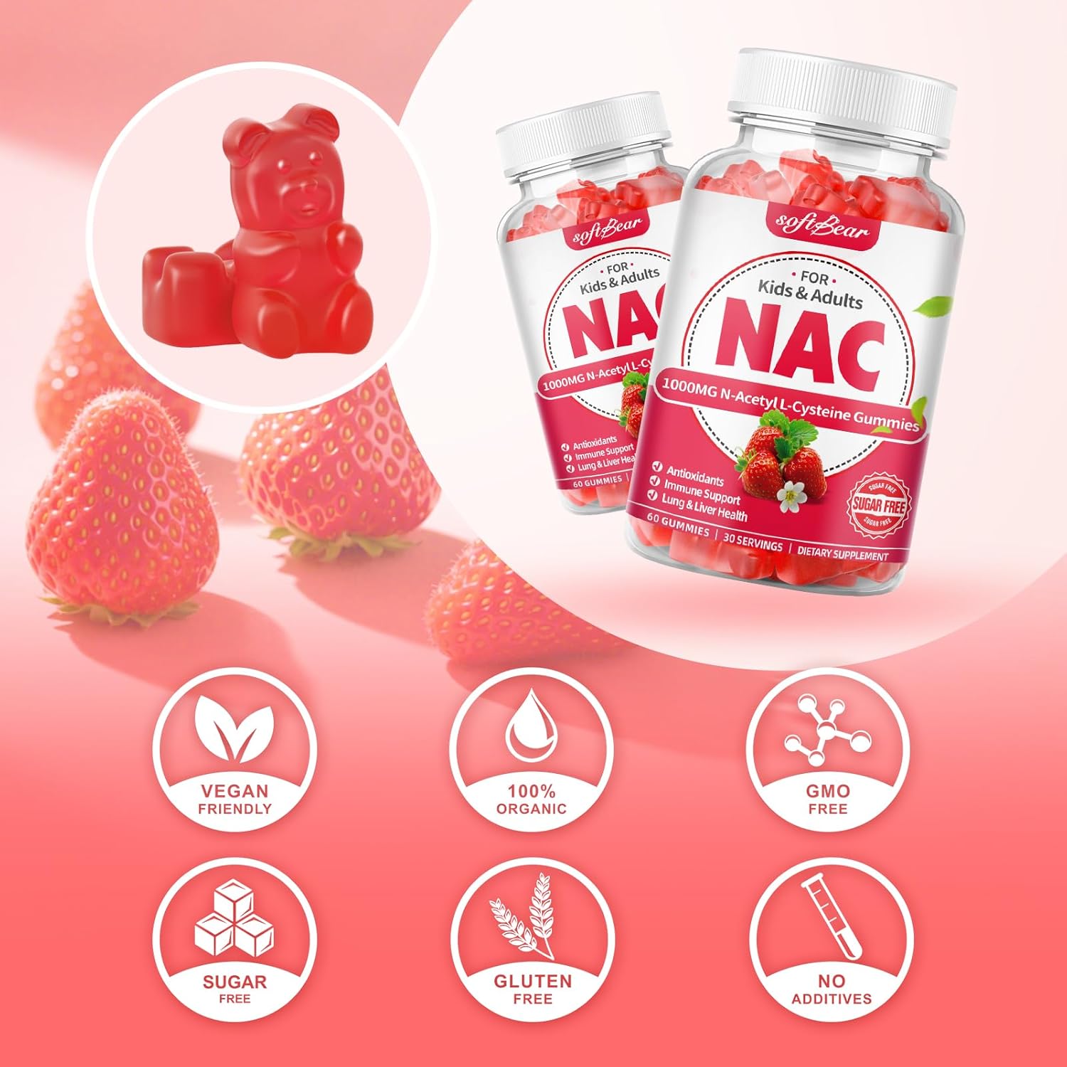 softbear NAC Gummies for Kids & Adults, NAC Supplement 1000mg N Acetyl Cysteine Supports Lung & Liver Health, Antioxidants & Immune System, Strawberry Flavor 60 Count - Image 5