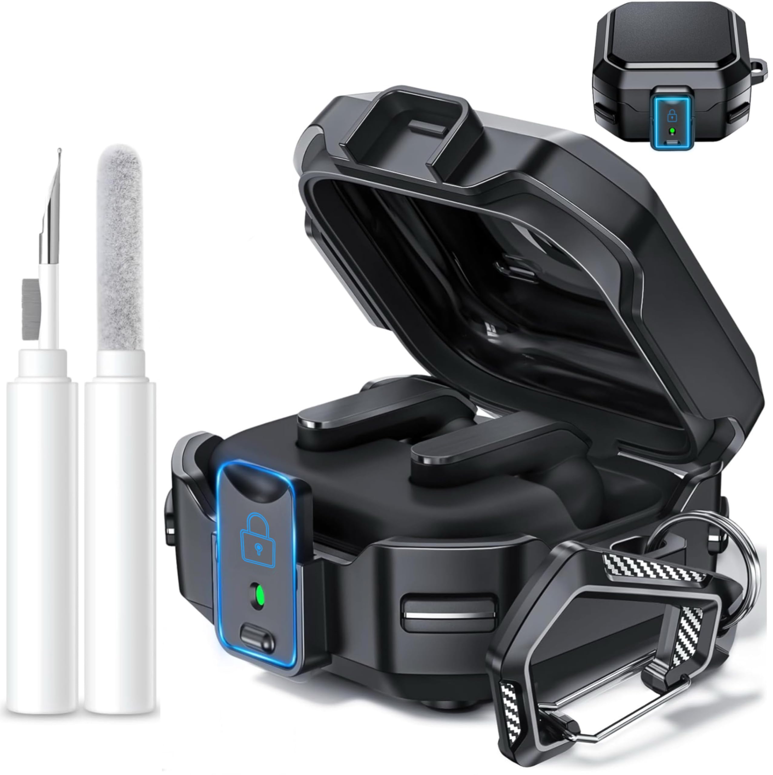 for Galaxy Buds 4 & Buds 4 Pro Case (2026) with Safety Lock, Shockproof Hard Protective Cover with Cleaning Kit & Carabiner, Secure Anti-Drop Earbuds Case for Men & Women (Black)-image-4