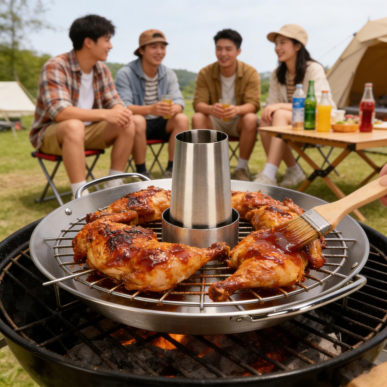 Pssopp Asador de Pollo con Lata de Cerveza de Acero Inoxidable, Soporte Vertical Desmontable para Parrilla de Pollo para un Calentamiento Uniforme, Diseño de Bandeja Circular para Asar, Acampar,
