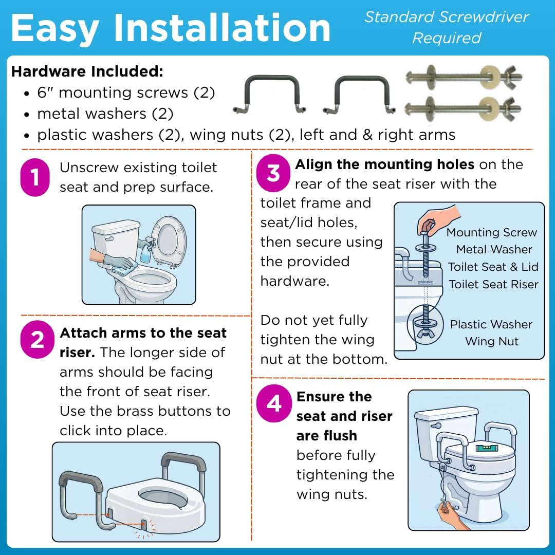 NOVA Raised Toilet Seat with Handles for Seniors – Elongated Toilet Riser with Safety Grab Bars, Elevated Toilet Seat for Elderly, Disabled & Post-Surgery Support - Elongated Toilet
