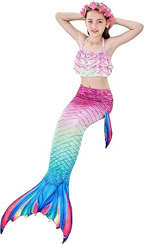 Miniatura 3 de Colas de sirena para nadar para niñas, 5 piezas, conjunto de traje de baño de bikini de 4 a 13 años