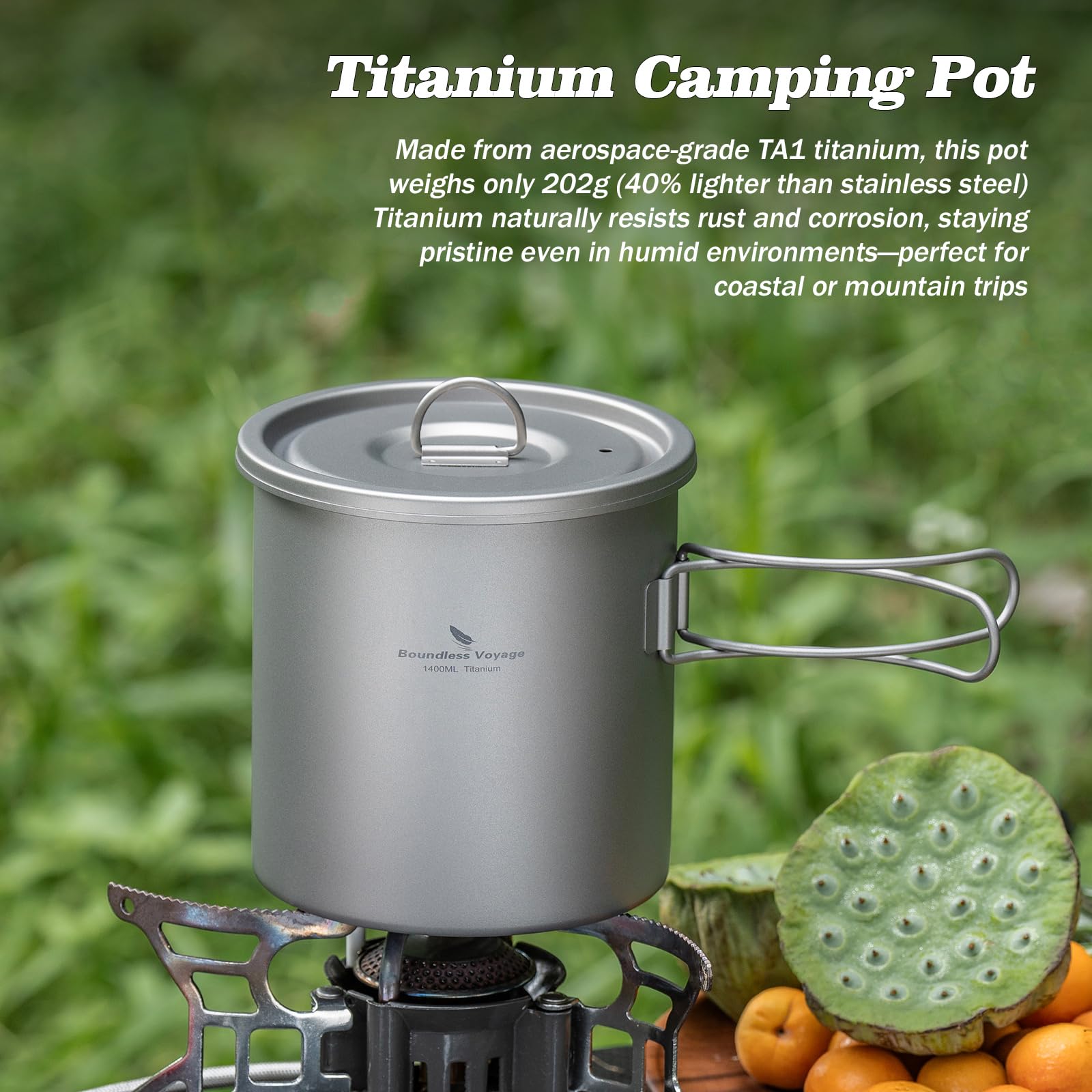 iBasingo Ti2060C Ti2060C - Pentola da campeggio leggera in titanio da 1400 ml (1,4 l), con manico pieghevole e coperchio, resistente, antiruggine, per escursioni, escursioni e avventure all'aria