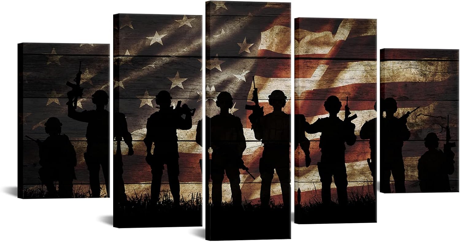 VVOVV Wall Decor American Flag Military Soldiers Army Canvas Wall Art USA Flag Patriotic Theme Wood Textured Background Painting Artwork Giclee Canvas for Living Room Bedroom Home Wall Decor