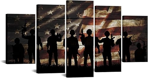 VVOVV Wall Decor Lienzo con bandera estadounidense, soldados militares, ejército, arte de pared, bandera de Estados Unidos, tema patriótico, madera,