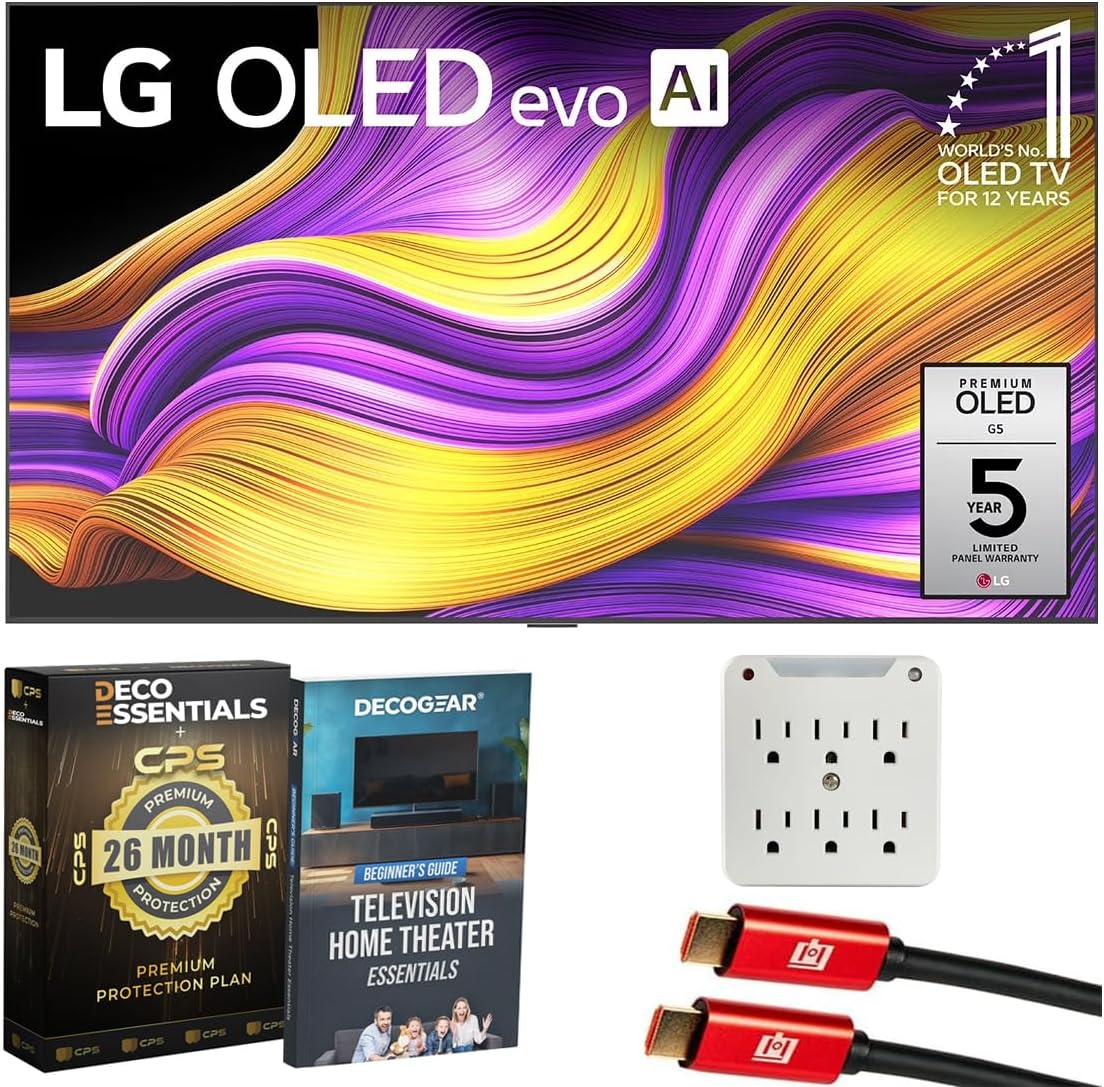 LG 77" G5 OLED evo 4K UHD TV with One Wall Design 2025 Bundle with Deco Essentials CPS Exclusive 26 Month Protection, 2X HDMI Cable, Surge Adapter & Deco Gear Home Theater Beginner's Guidebook