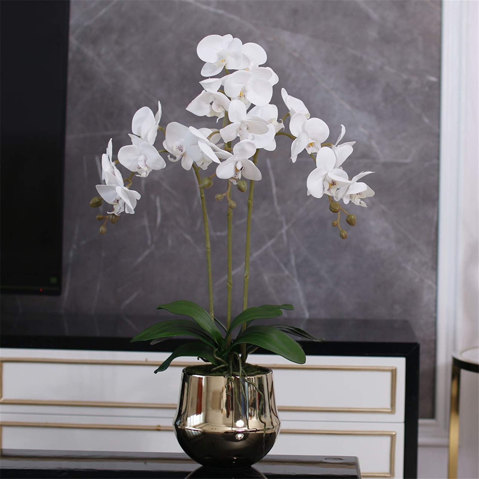 Fiore Artificiale Orchidea Artificiale Fiori di Phalaenopsis con Vaso Dorato Composizione di Fiori di Phalaenopsis in Seta Finta per centrotavola Decorazione per la
