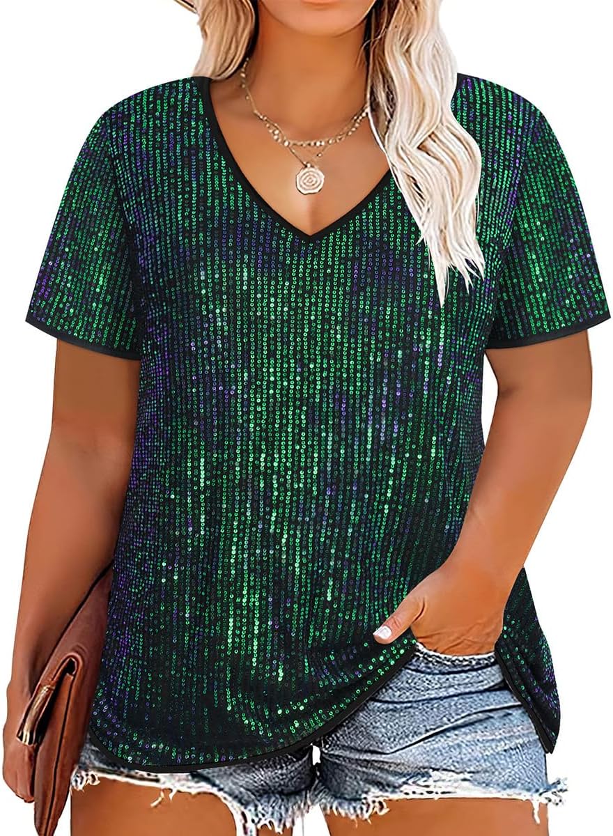 CARCOS Plus Size Sequin Top for Women Short Sleeve Party Blouse Evening Sparkle Shimmer V Neck Glitter Shirt Ladies XL-5XL