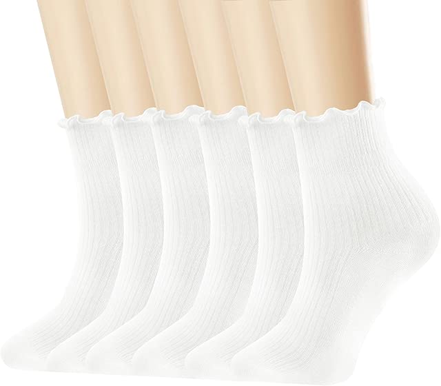 DQCUTE Women's Ruffled Socks,Cute Ankle Boot Frilly Socks Soft Knit Cotton Lettuce Trim Crew Socks for Teen Women 6 Pairs