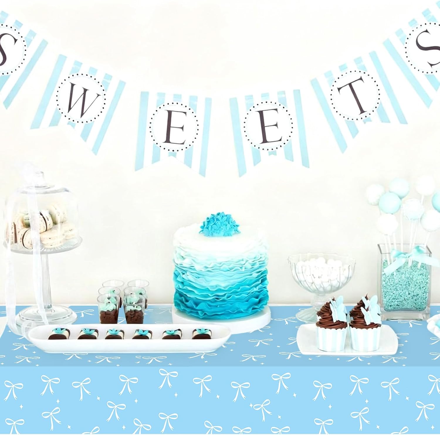 Semato 2 Pcs Coquette Party Tablecloths Decorations Blue Bow Tablecloth 54x108 Inch Disposable Tablecloth for Birthday Bow Themed Party Supplies