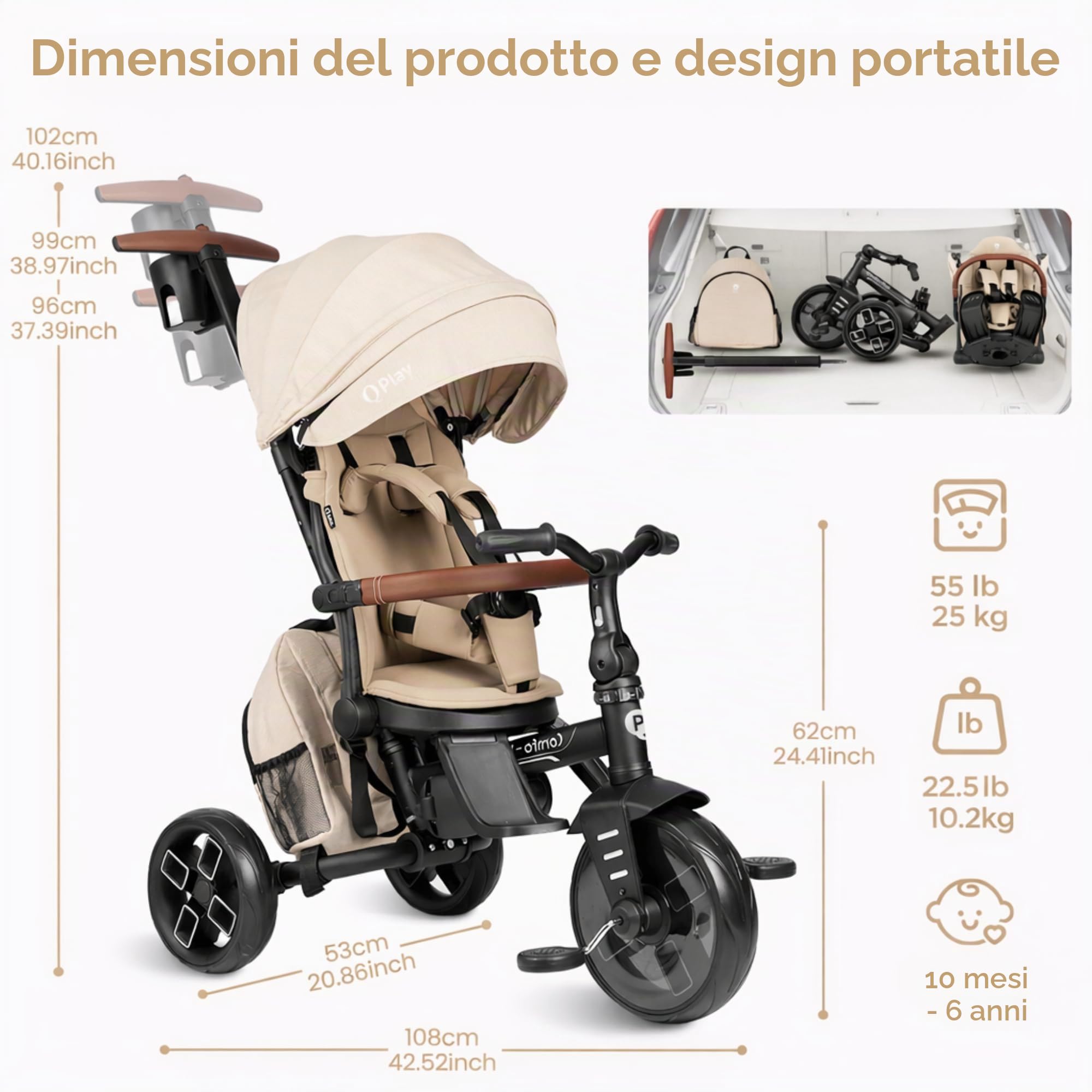 Qplay Triciclo Evolutivo COMFO MAX 6 in 1 nero | Triciclo Bebe 1 anno pieghevole in alluminio con seduta a 360°, reclinabile e capottina - per neonati da 10 a 72 mesi (beige)